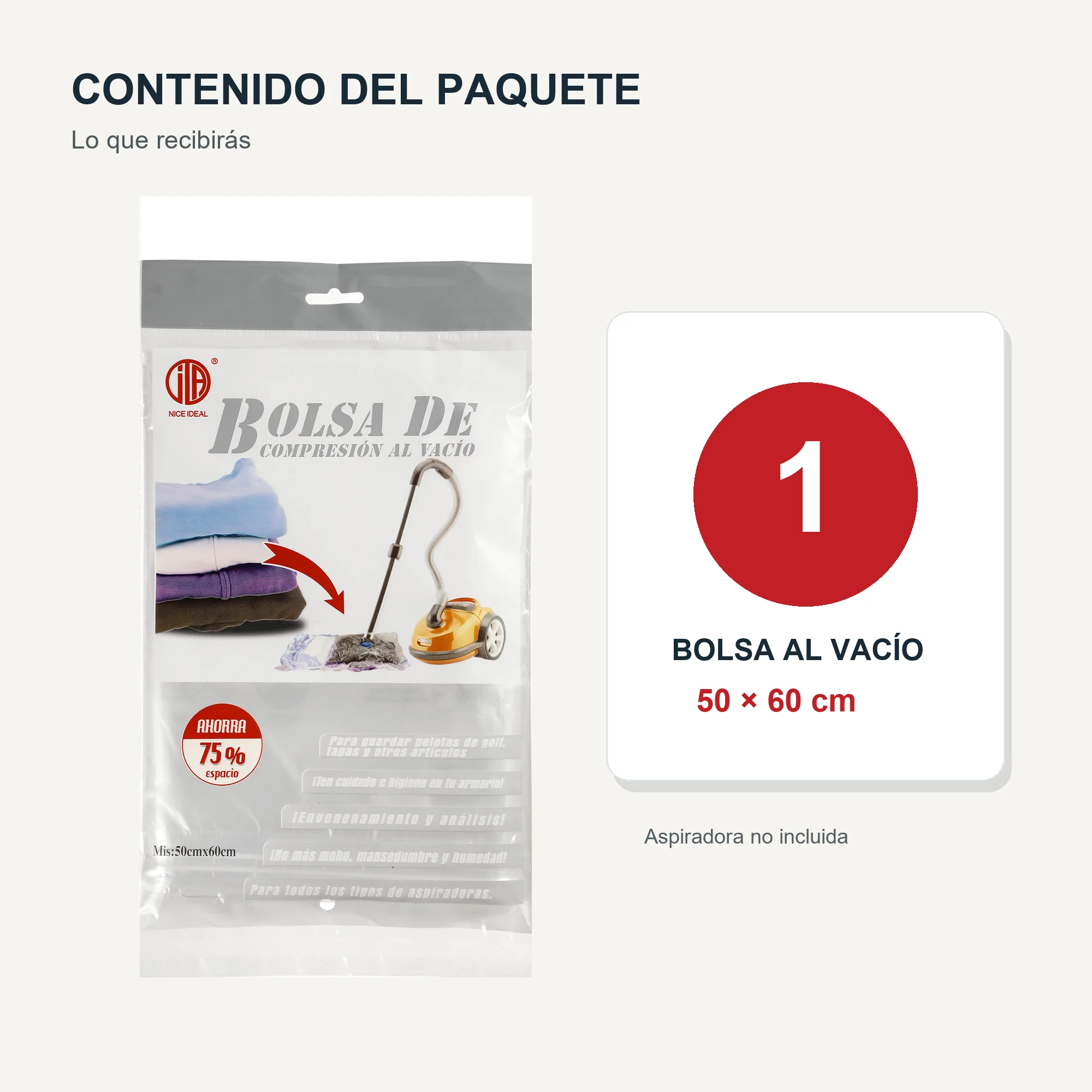 Bolsa de Compresión al Vacío Transparente para Ropa, 50 × 60 cm, 1 Unidad