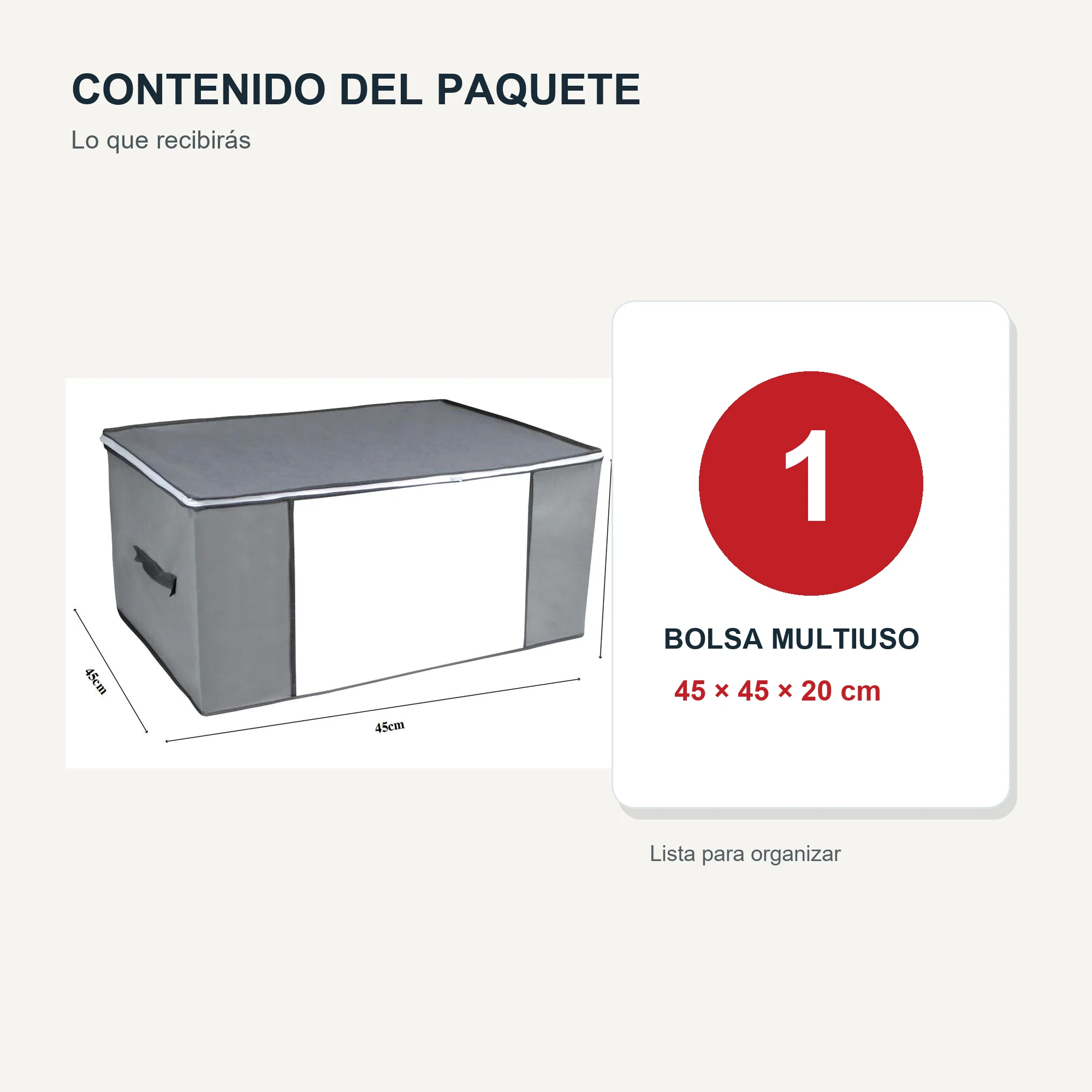 Bolsa Organizadora Gris con Ventana Frontal, 45 × 45 × 20 cm, 1 Unidad