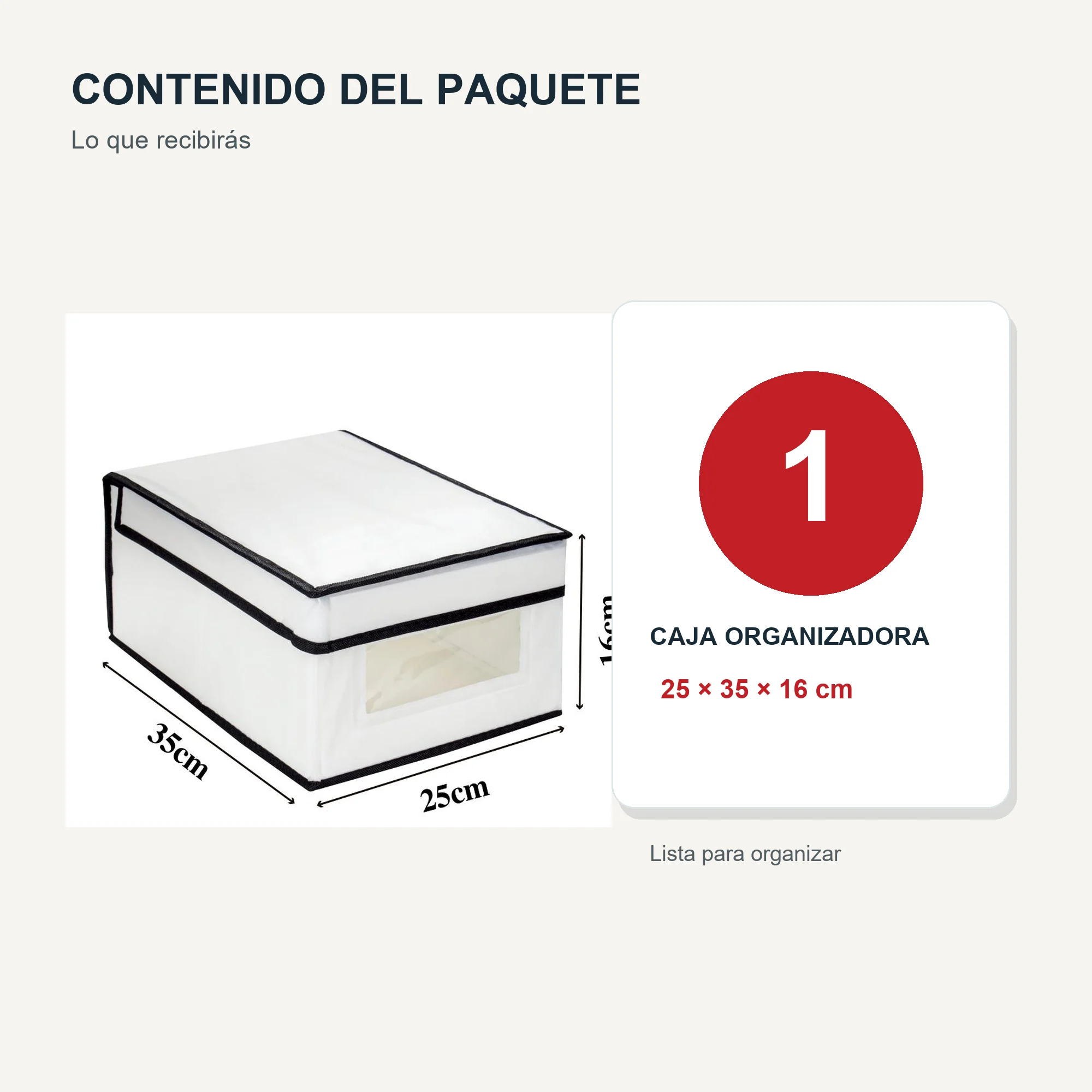 Caja organizadora con tapa y ventana de PEVA y PP, 25 × 35 × 16 cm, 1 Unidad