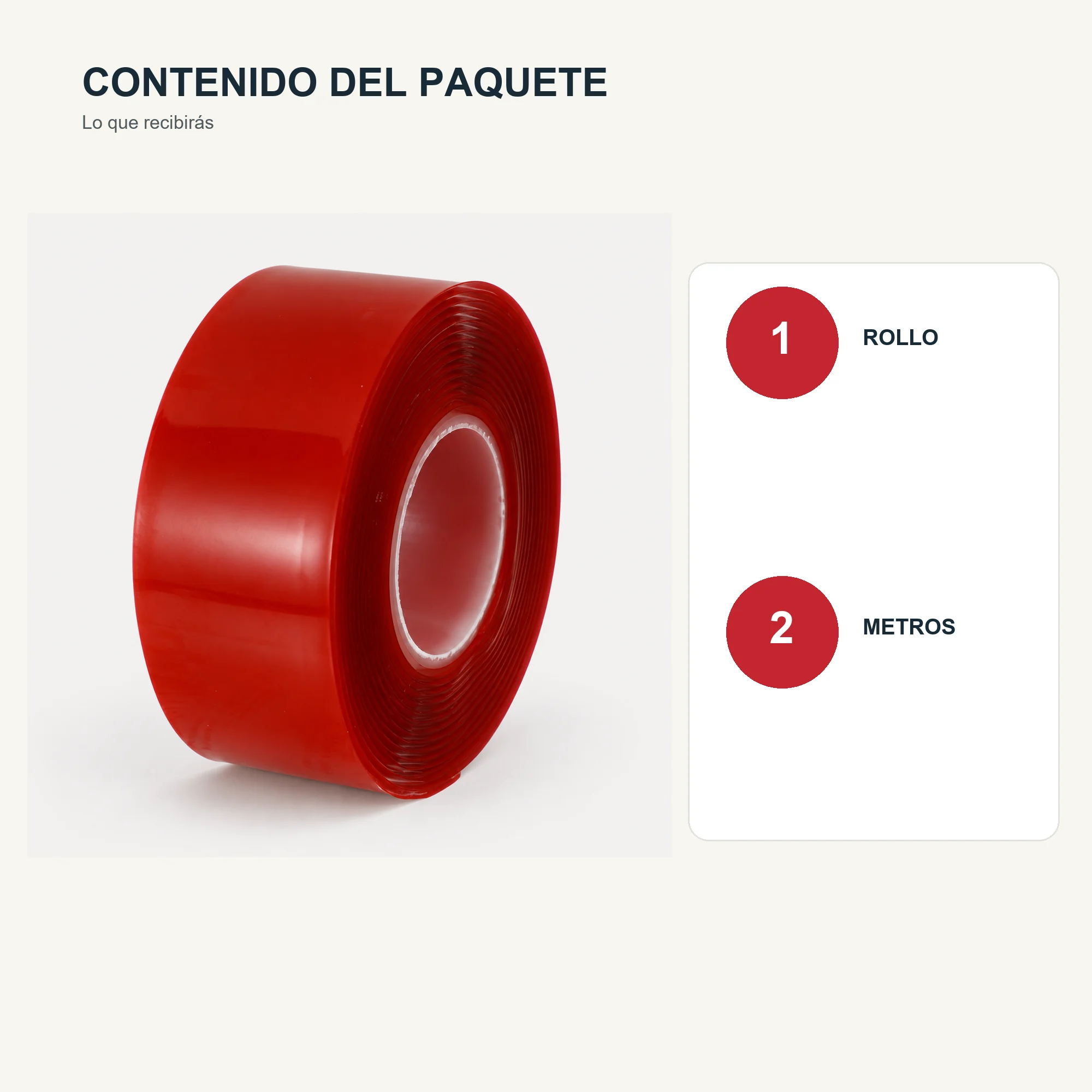 Cinta Doble Contacto de Gel Acrílico Roja, 19 mm × 2 m