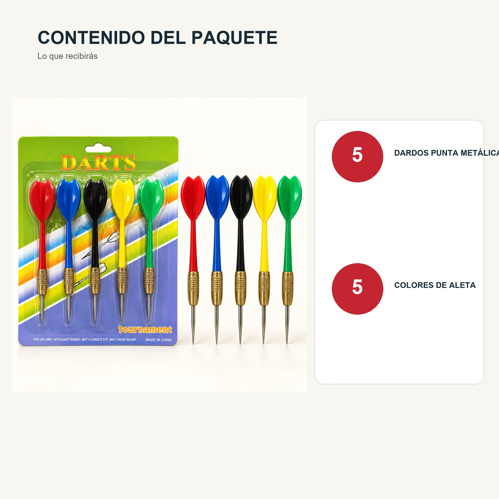 Set de 5 Dardos con Punta Metálica, 5 Colores