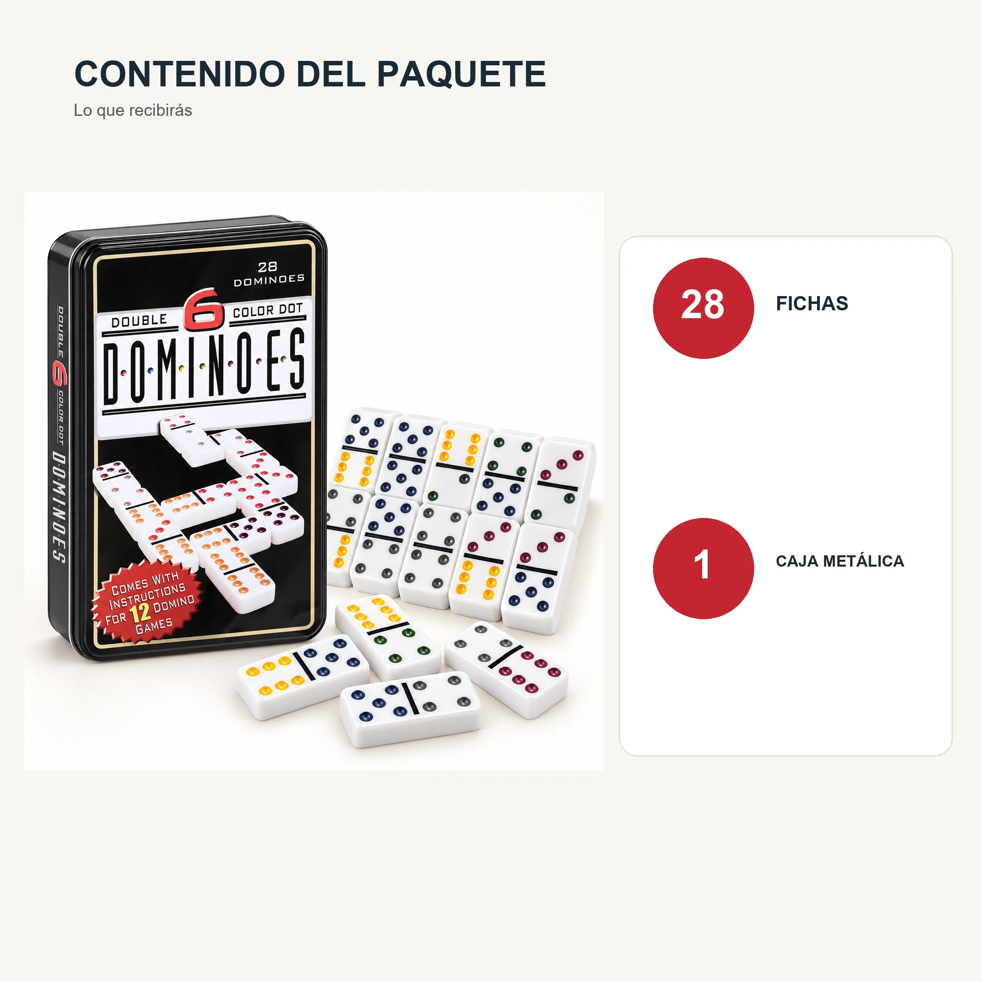Dominó Doble Seis de 28 Fichas con Caja Metálica