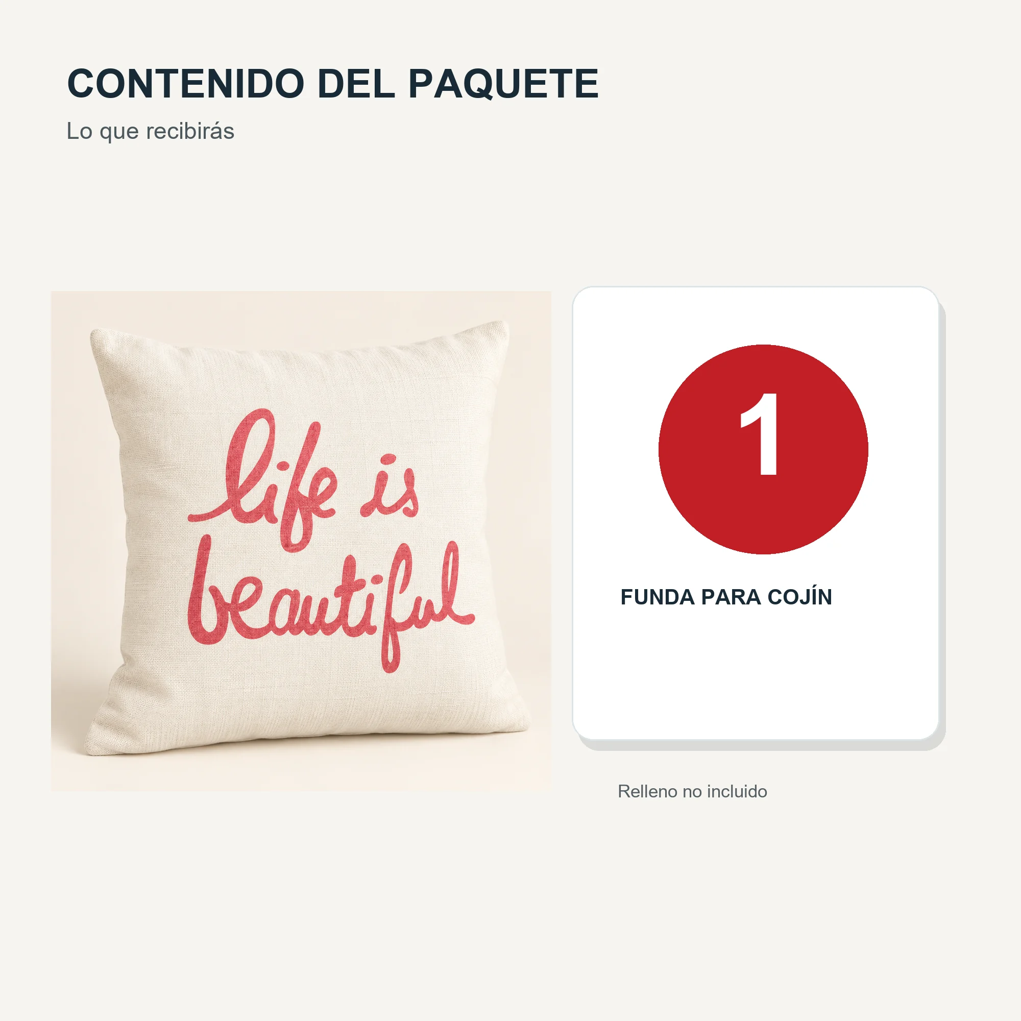 Funda Decorativa para Cojín Marfil Con Frase Life Is Beautiful, 43 × 43 cm