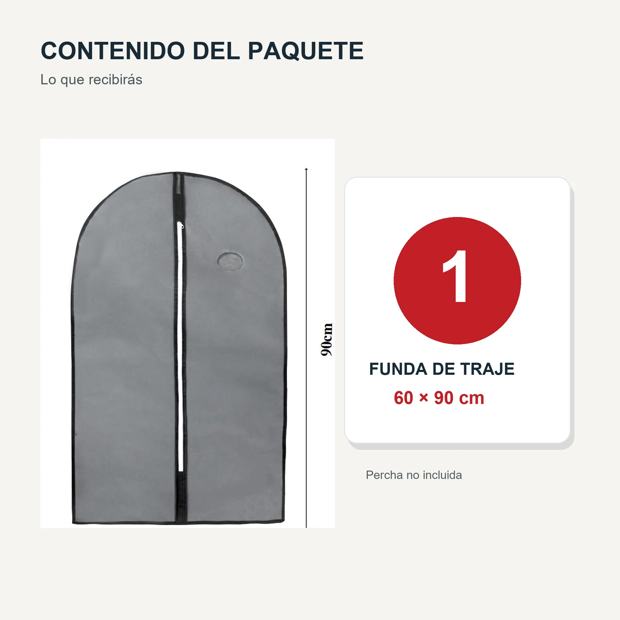 Funda de Traje Gris de Tela No Tejida con Cierre, 60 × 90 cm, 1 Unidad