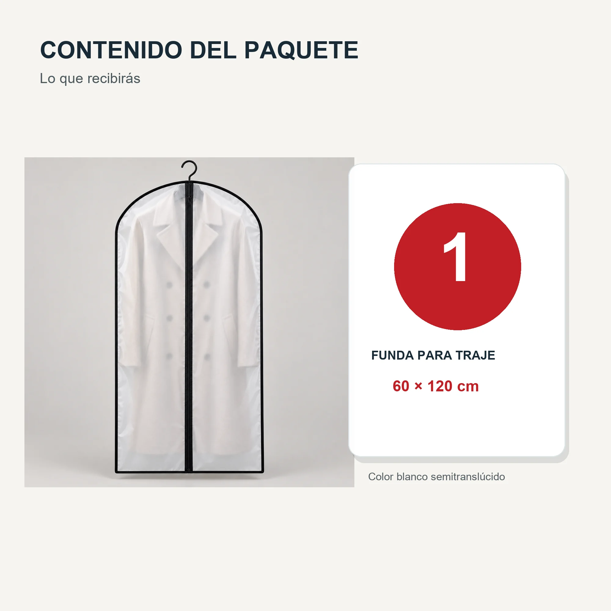 Funda para Traje de PEVA con Cierre, 60 × 120 cm, 1 Funda
