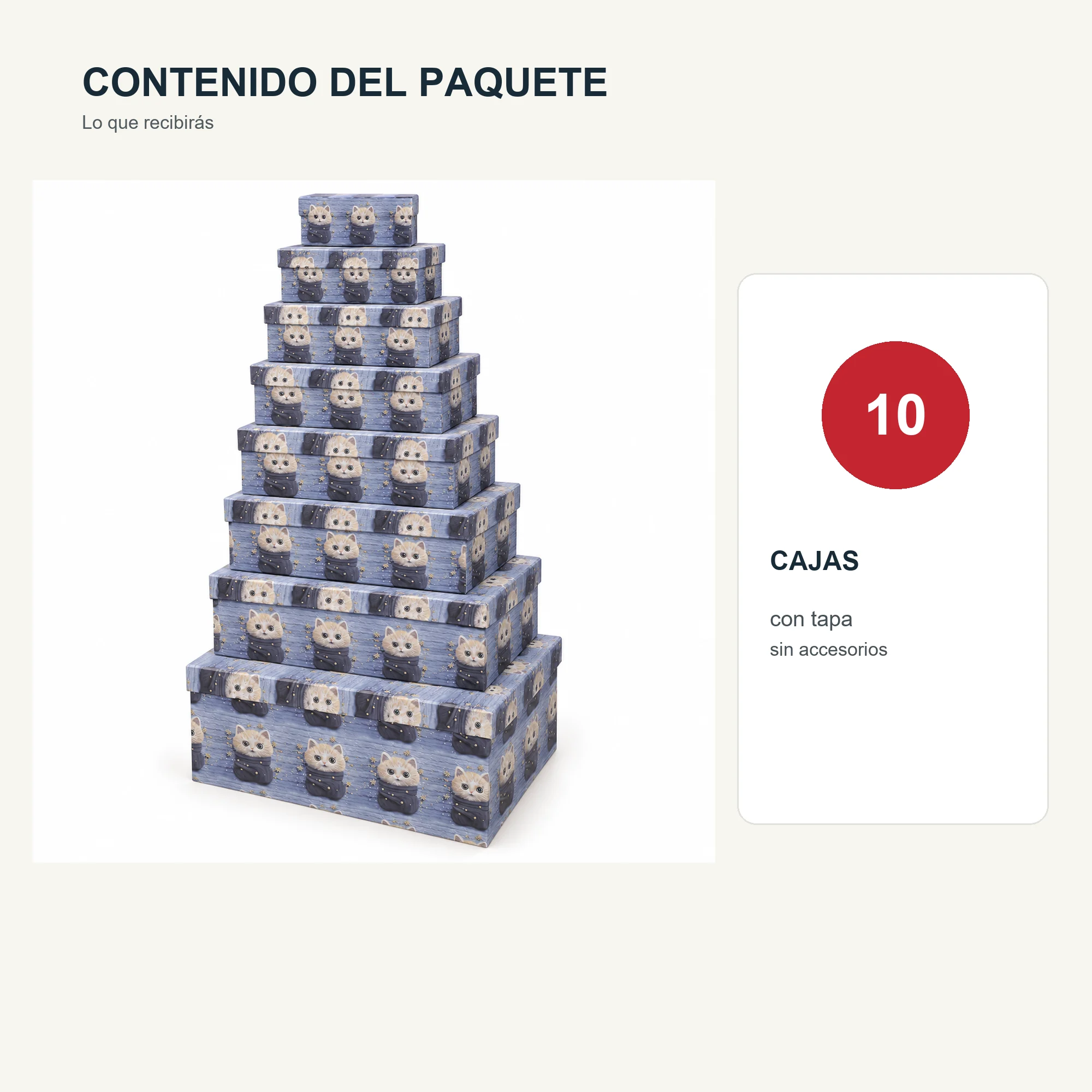 Juego de 10 Cajas de Regalo Juego Rectangular Azul Con Gatitos, Tamaños Surtidos