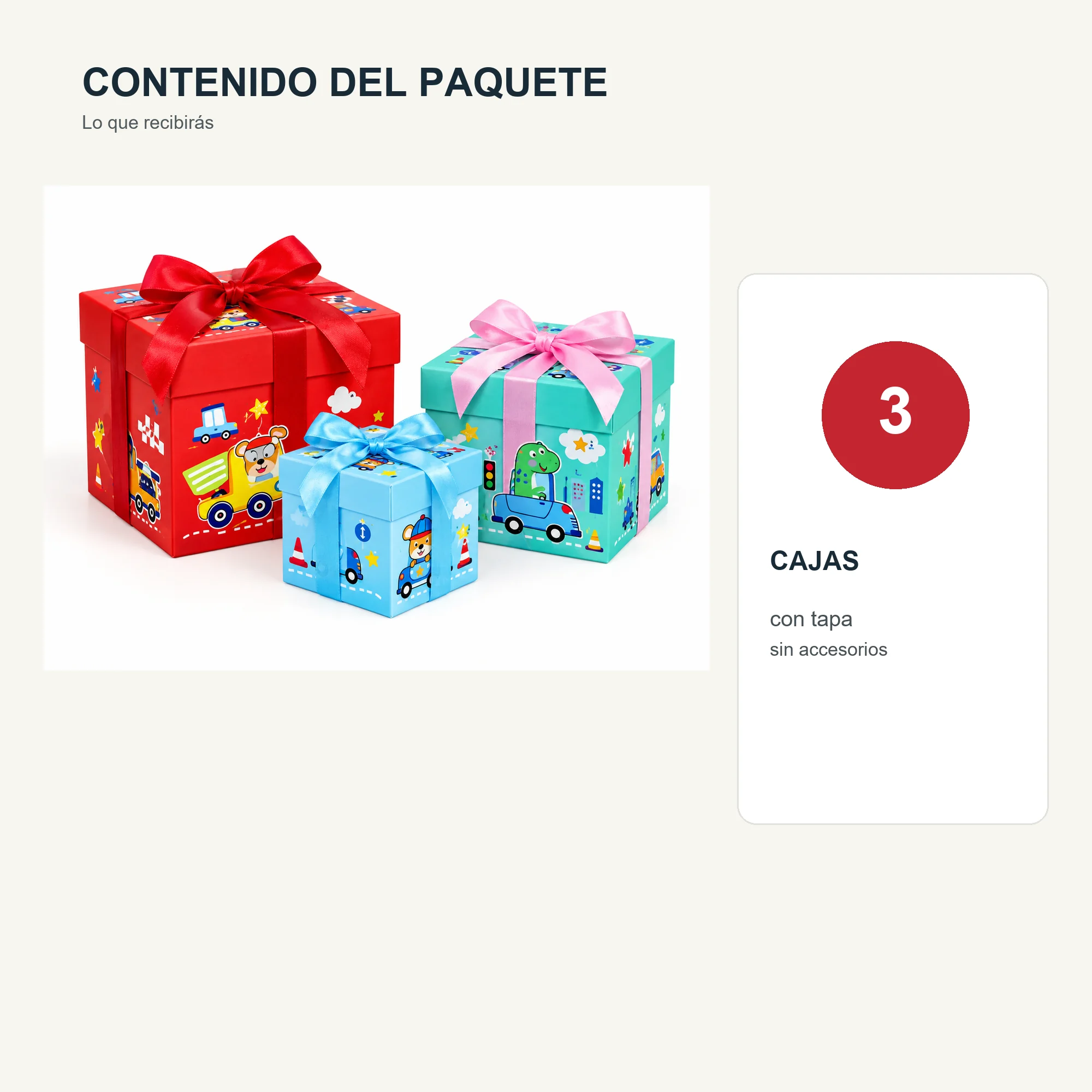 Juego de 3 Cajas de Regalo Juego De Cajas Infantiles Con Vehículos Y Lazo, Tres Tamaños