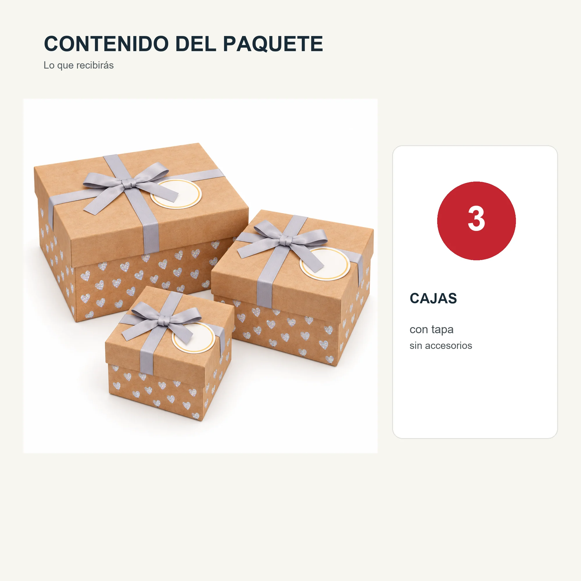 Juego de 3 Cajas de Regalo Juego De Cajas Kraft Con Corazones Holográficos, Tres Tamaños