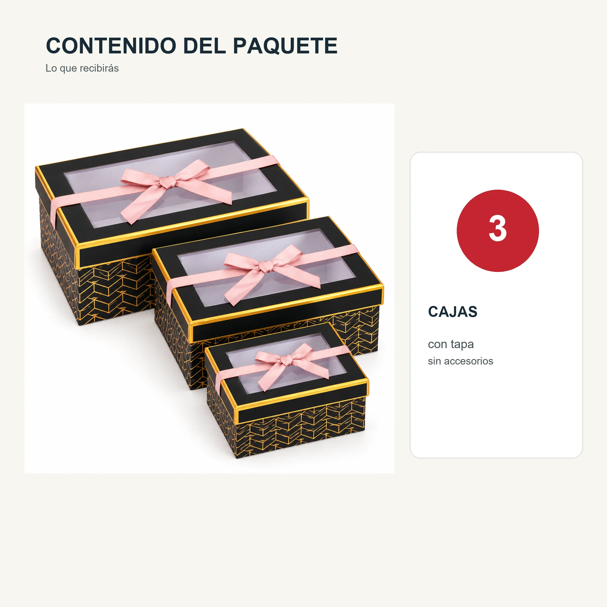 Juego de 3 Cajas de Regalo Juego De Cajas Negras Con Ventana Y Lazo Rosado, Tres Tamaños