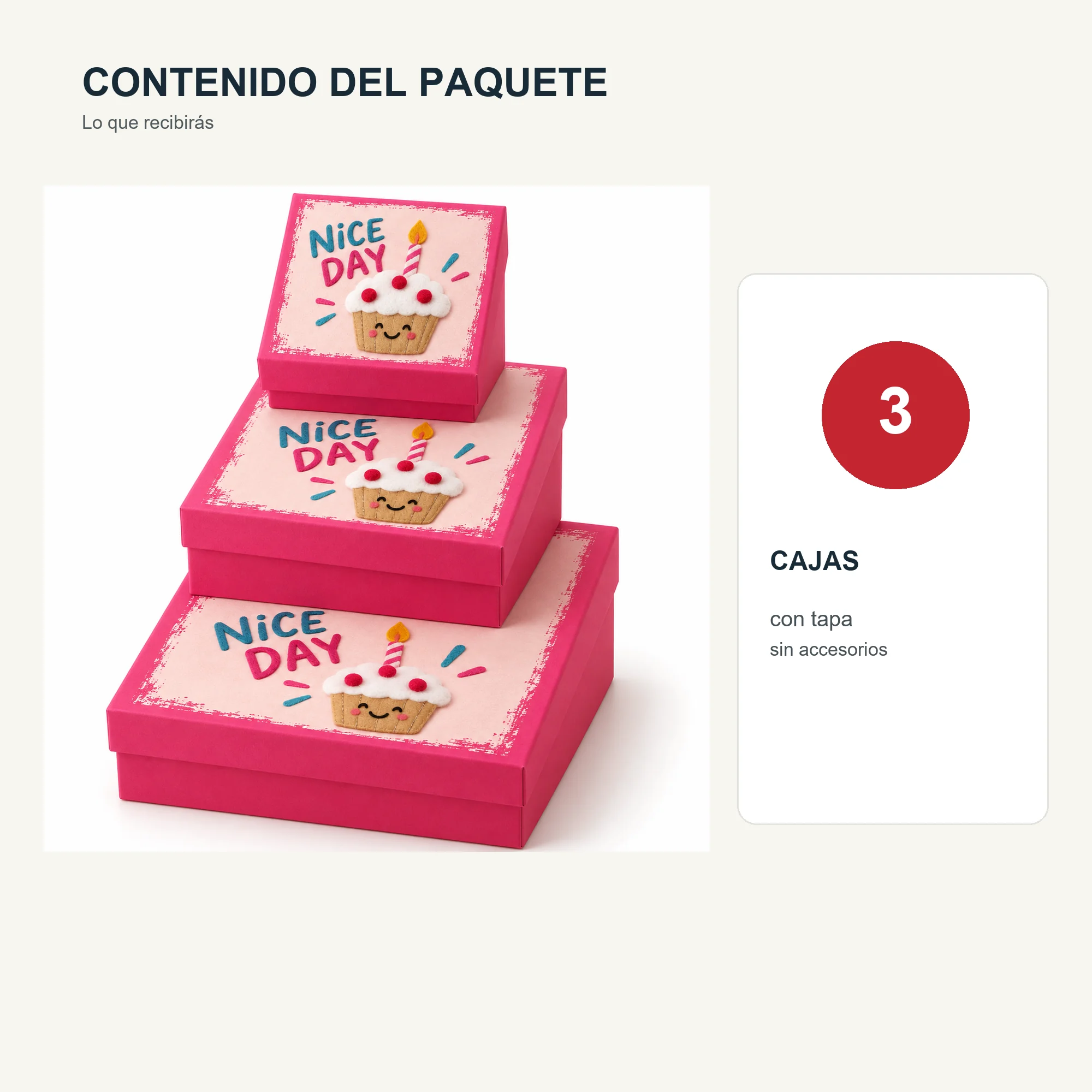 Juego de 3 Cajas de Regalo Juego De Cajas Cuadradas Con Cupcake, Tres Tamaños