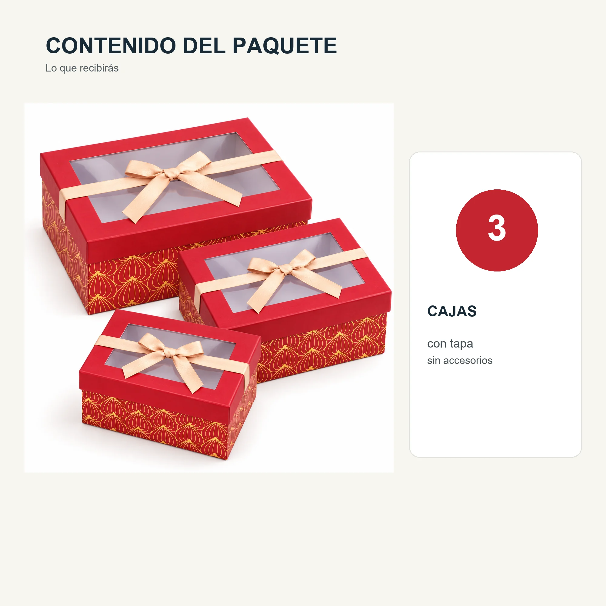 Juego de 3 Cajas de Regalo Juego De Cajas Rojas Con Ventana Y Lazo Champaña, Tres Tamaños