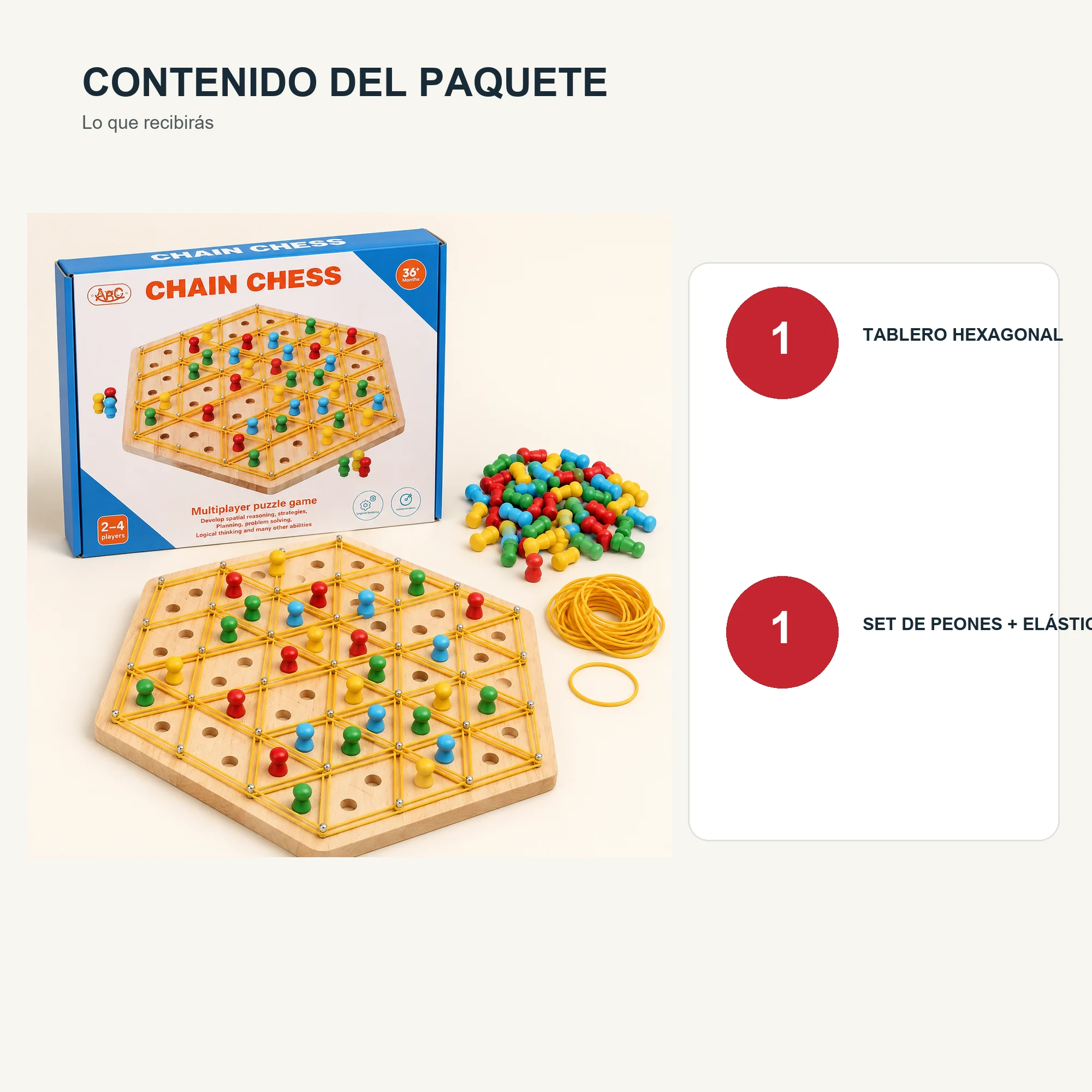 Juego Chain Chess de Madera con Elásticos, 2–4 Jugadores