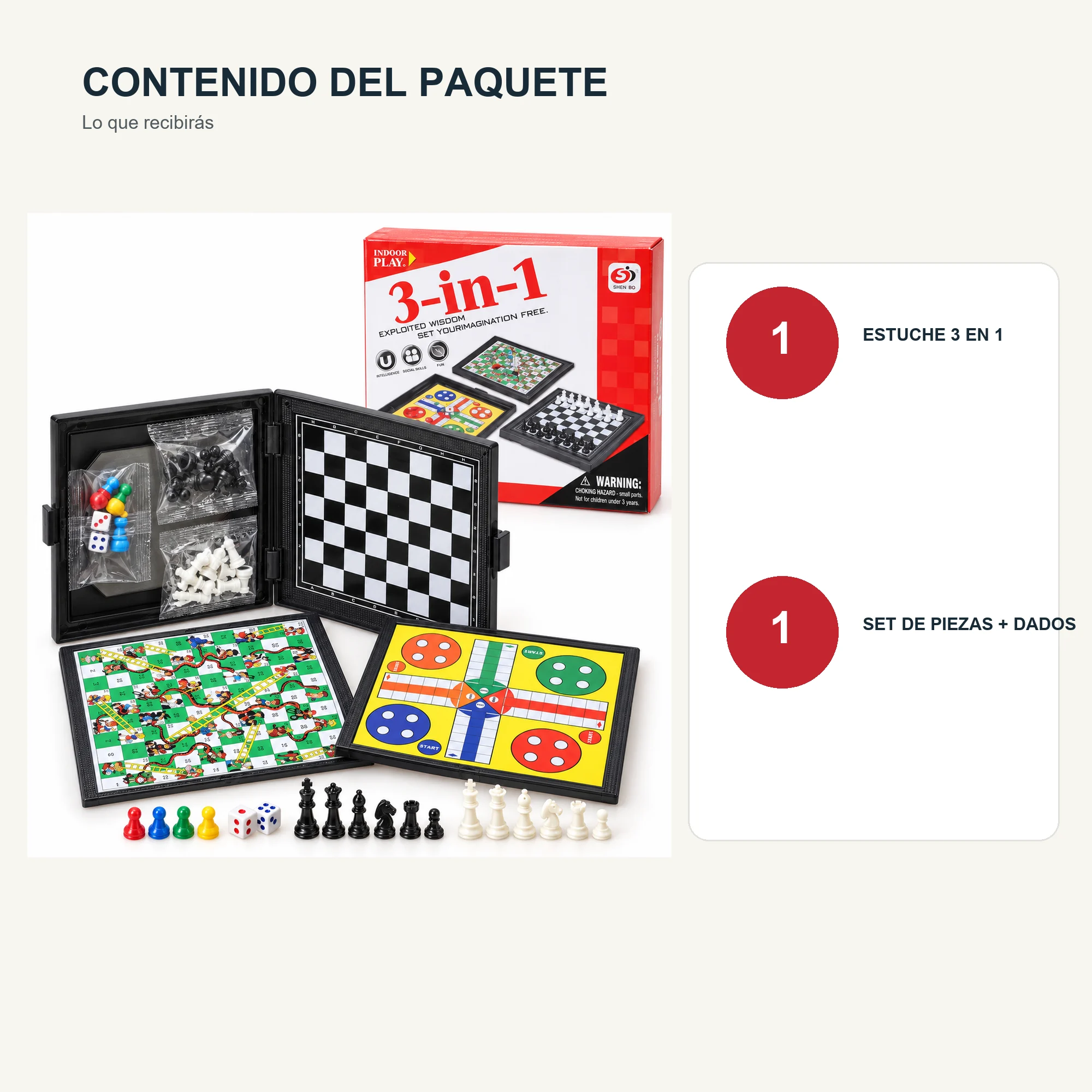 Juego de Mesa 3 en 1 Compacto con Estuche, 14,5 × 14,5 cm
