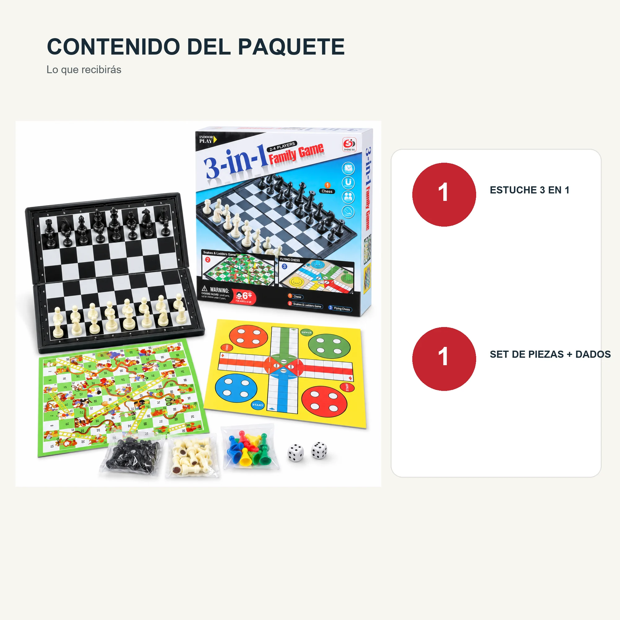 Juego de Mesa 3 en 1 con Tablero Plegable, 24 × 24 cm