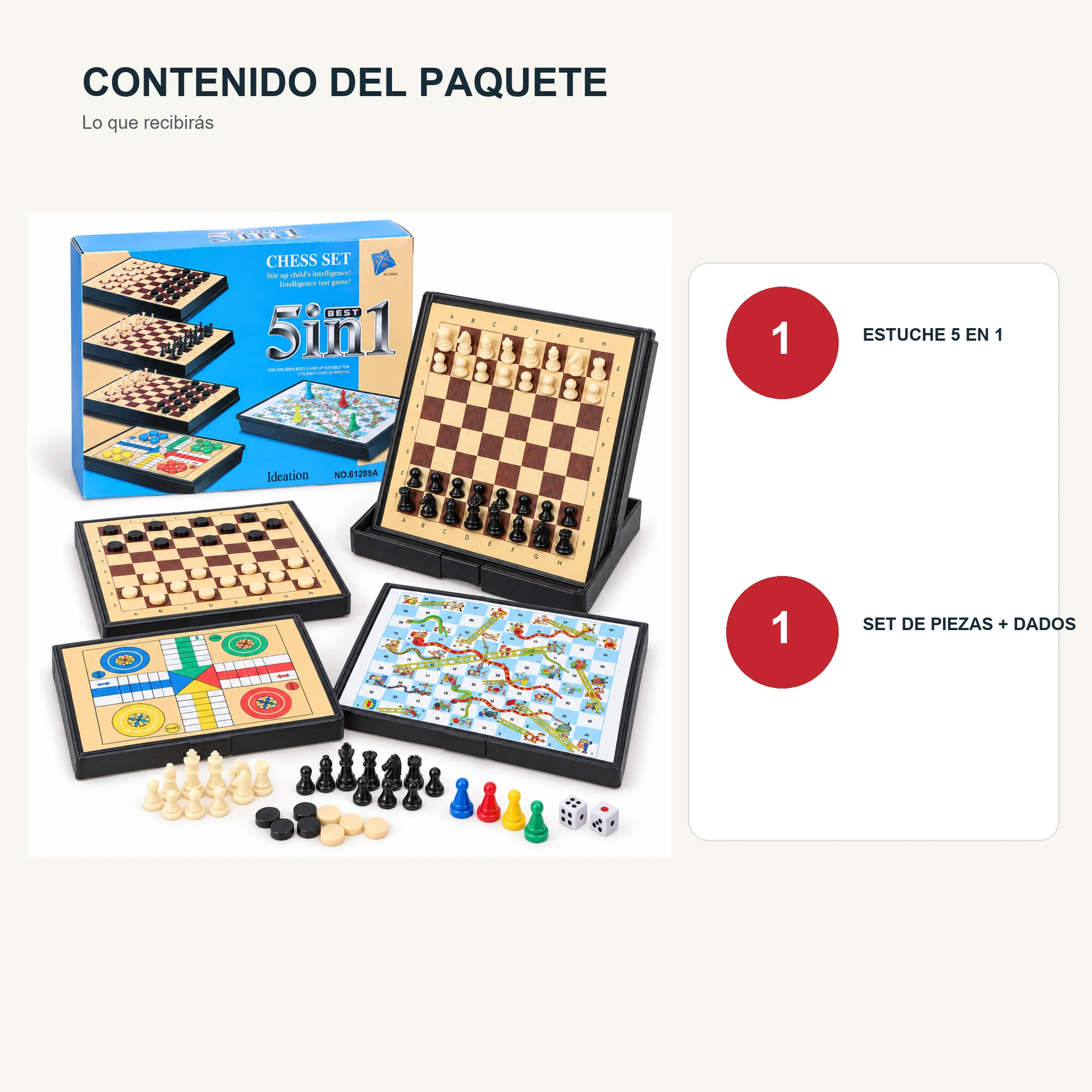Juego de Mesa 5 en 1 Compacto con Estuche, 11,5 × 16,5 cm
