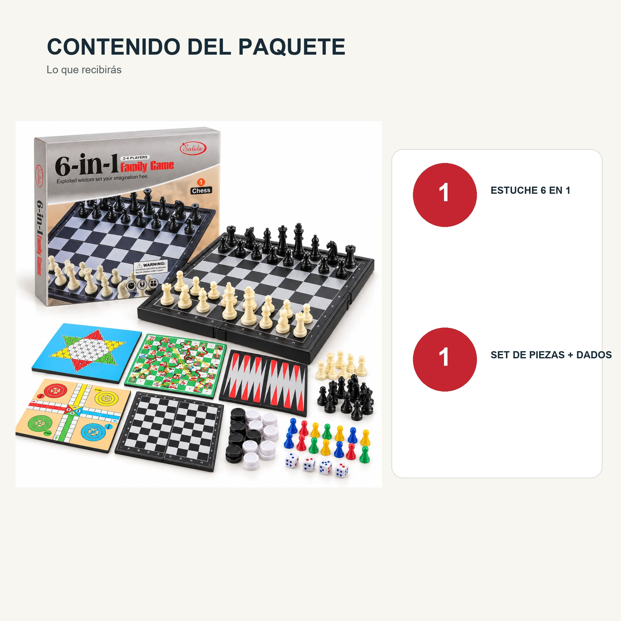 Juego de Mesa Sulida 6 en 1 para 2–4 Jugadores, 18,3 × 17,6 cm
