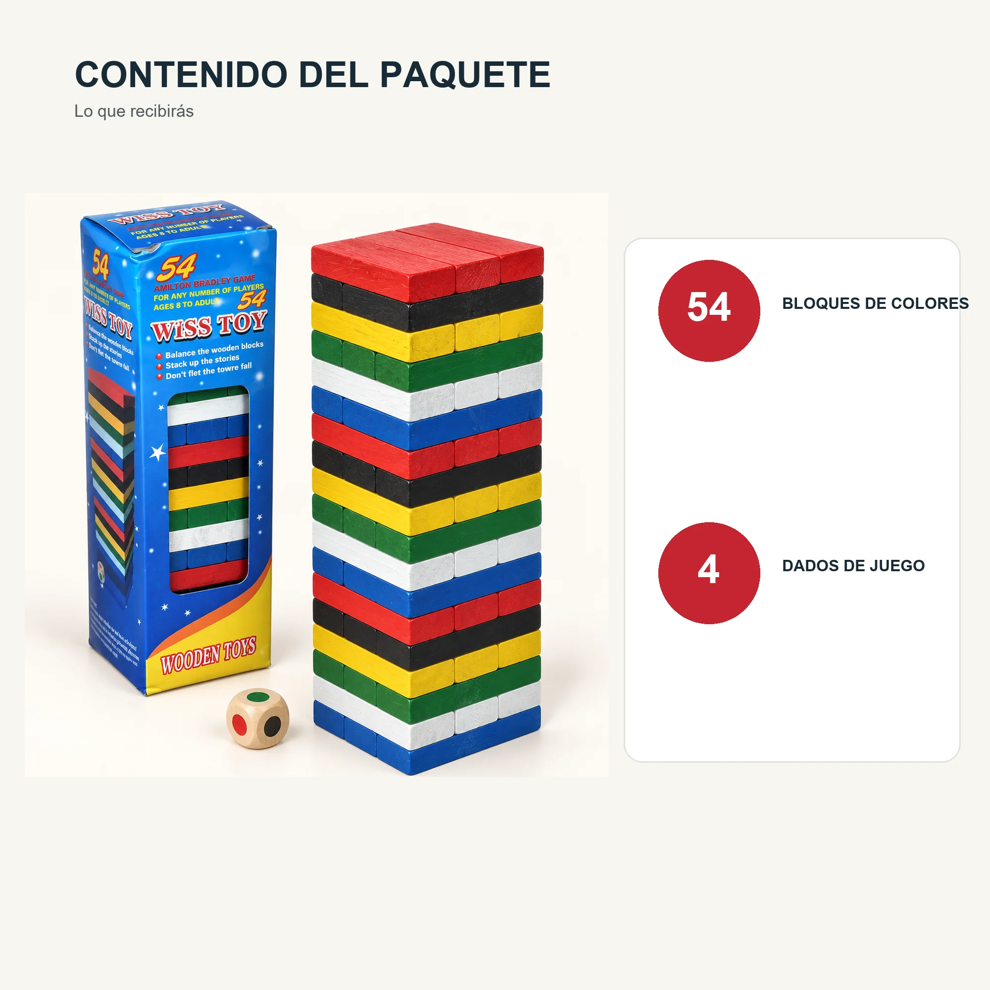 Juego de Torre de Madera de Colores, 54 Bloques, Tamaño Mediano