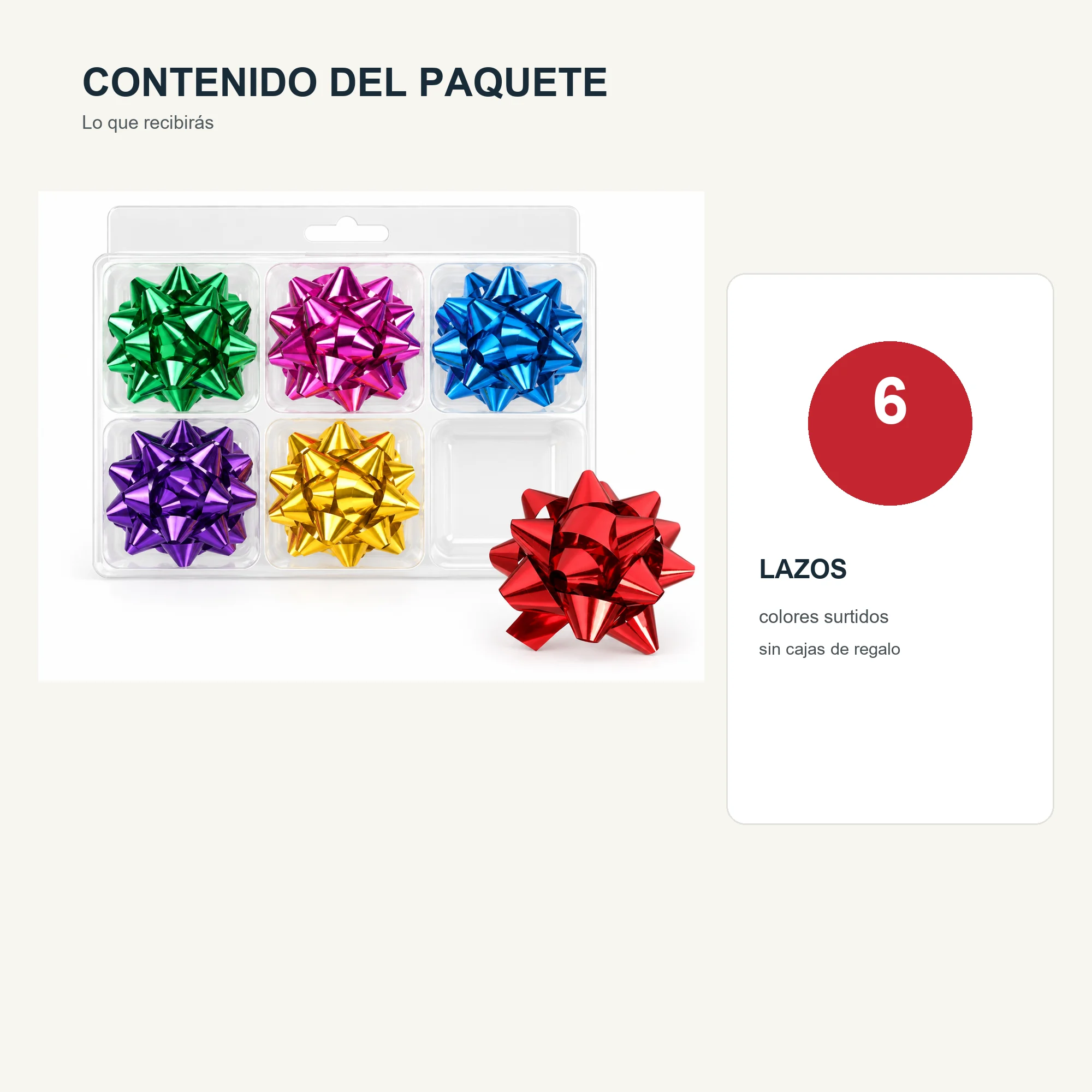 Lazos Estrella Metálicos Adhesivos, 6 cm (2,4 in) de diámetro aprox., 6 Unidades, Colores Surtidos