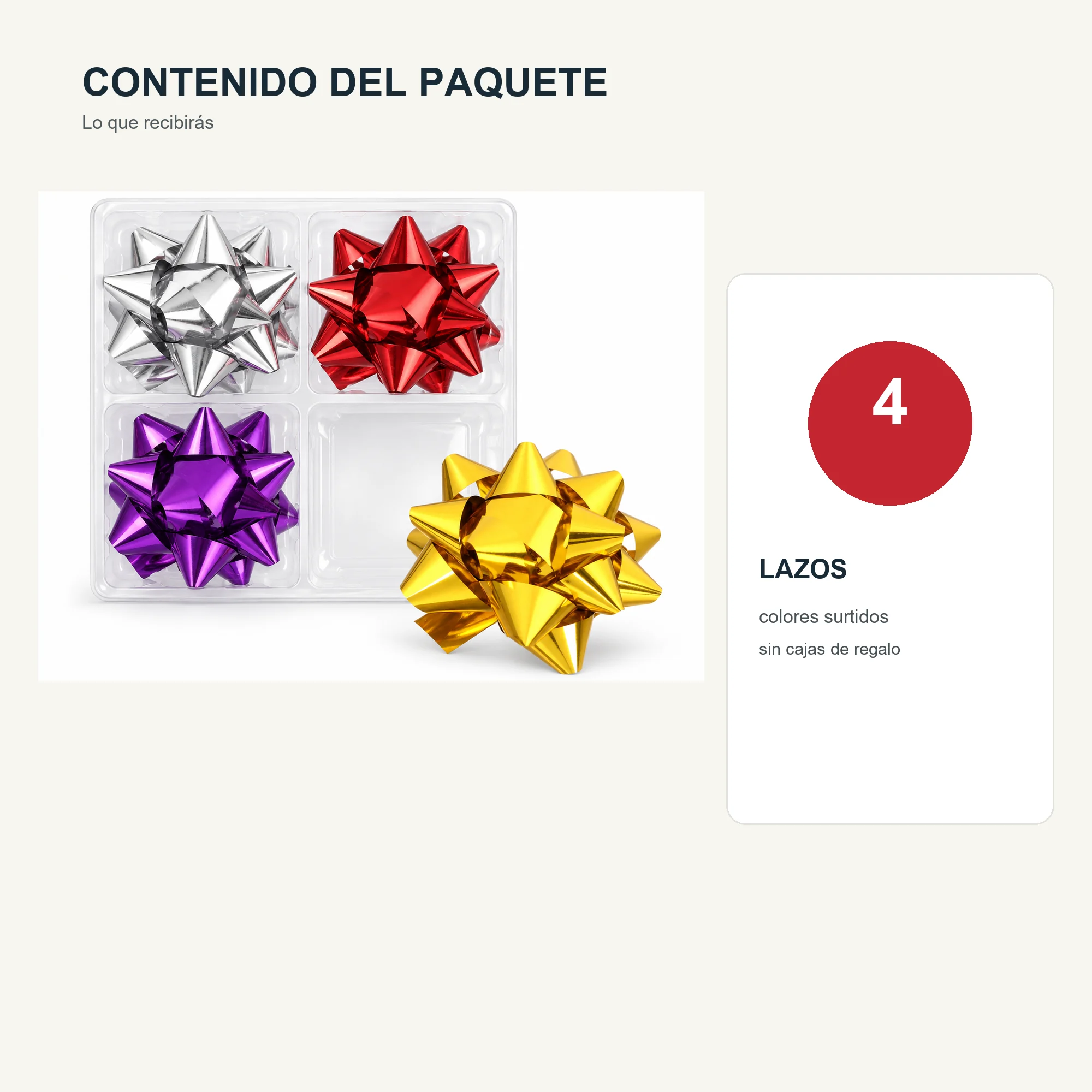 Lazos Estrella Metálicos Adhesivos, 7,5 cm (3,0 in) de diámetro aprox., 4 Unidades, Colores Surtidos