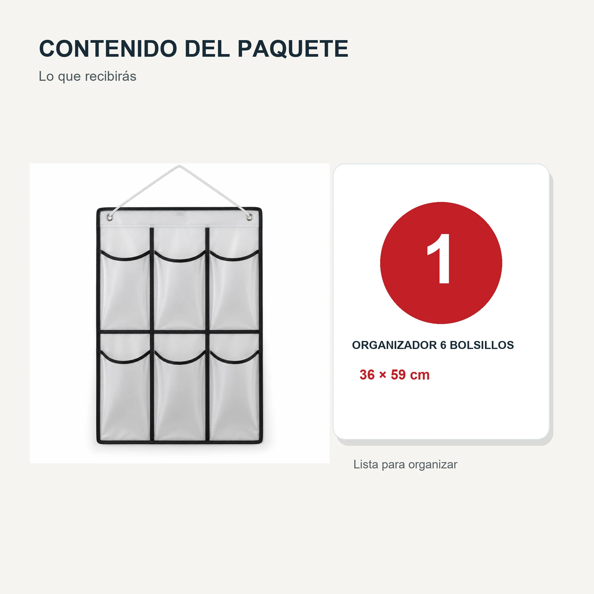Organizador Colgante de 6 Bolsillos de PEVA y PP, 36 × 59 cm, 1 Unidad