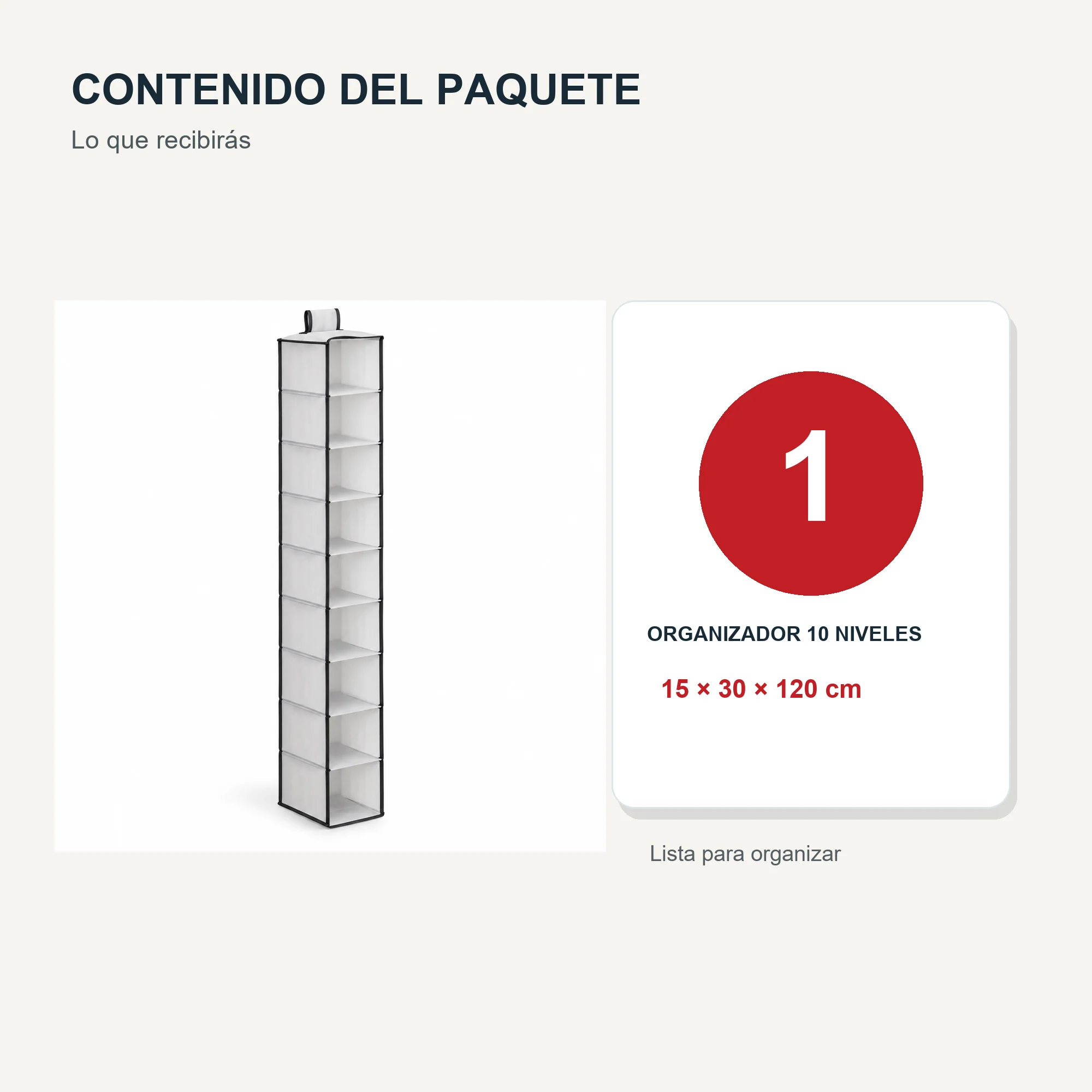 Organizador Colgante Estrecho de Clóset de 10 Niveles de PEVA y PP, 15 × 30 × 120 cm, 1 Unidad