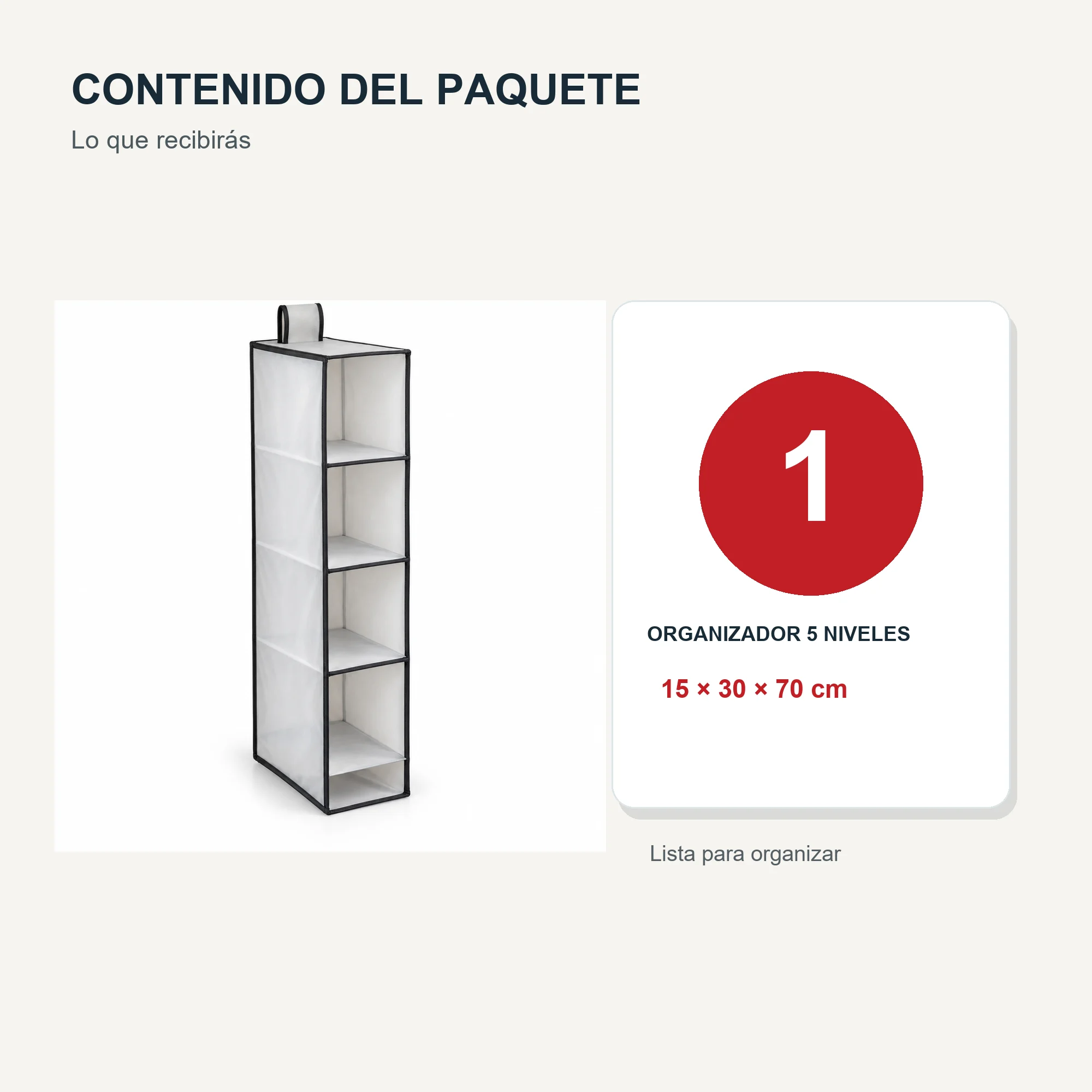 Organizador Colgante Estrecho de Clóset de 5 Niveles de PEVA y PP, 15 × 30 × 70 cm, 1 Unidad