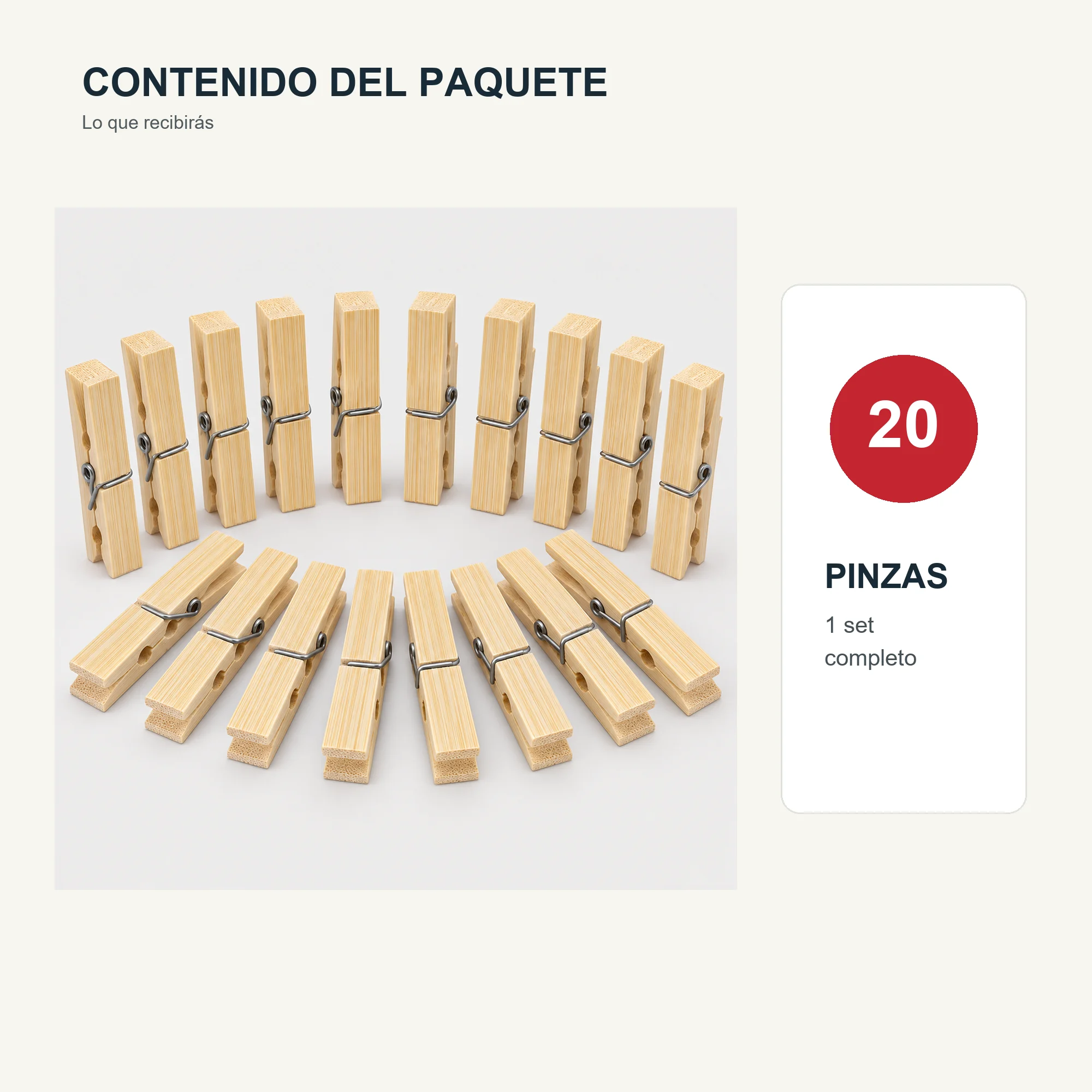 Set de 20 Pinzas para Ropa, Bambú Y Metal, 6 cm