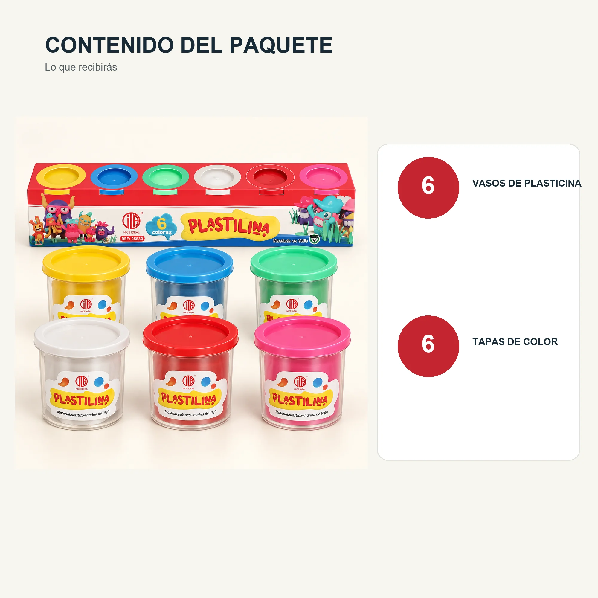 Set de Plasticina en 6 Vasos Grandes, 6 Colores