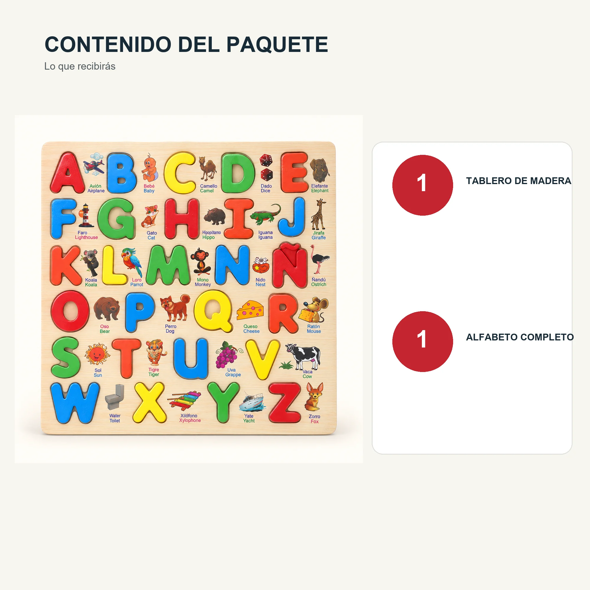 Puzzle de Madera con Alfabeto Bilingüe Español-Inglés, 30 × 30 cm