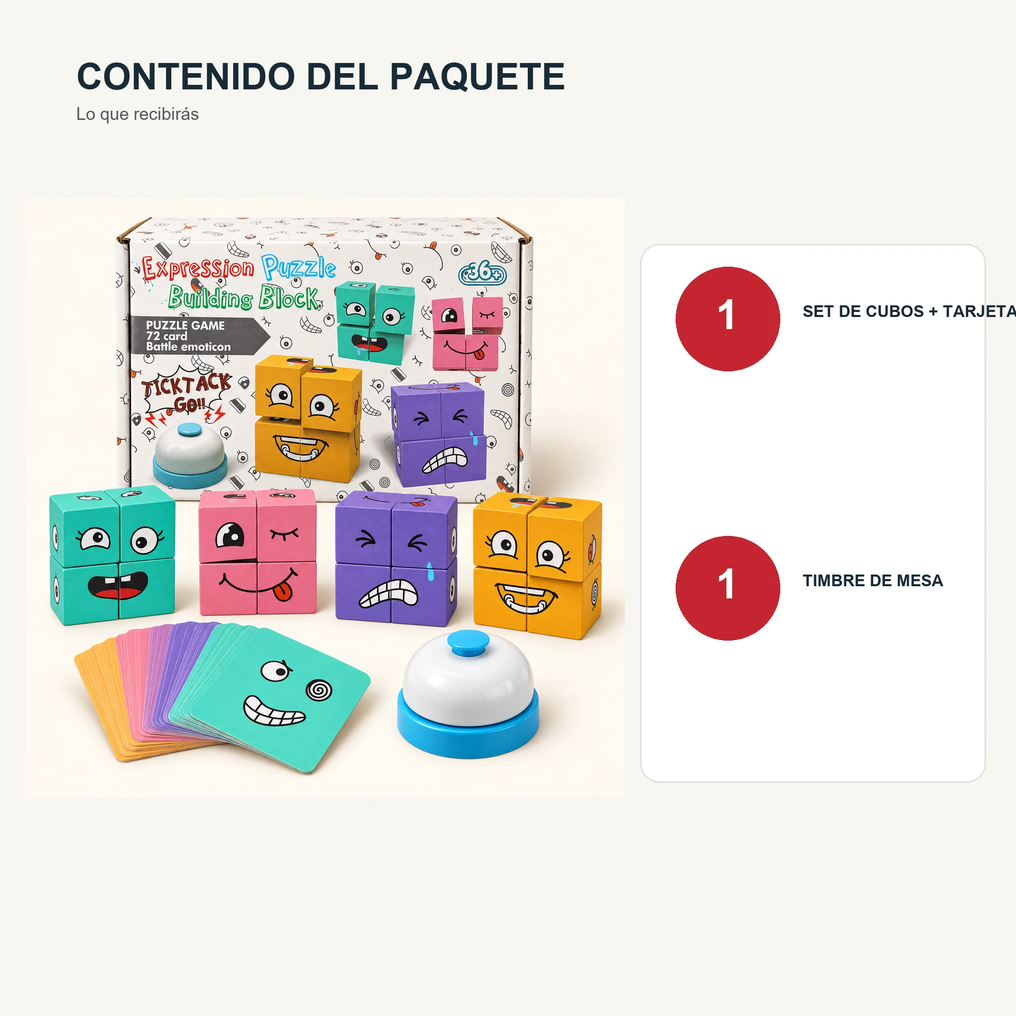 Puzzle de Expresiones con Cubos de Madera, Tarjetas y Timbre