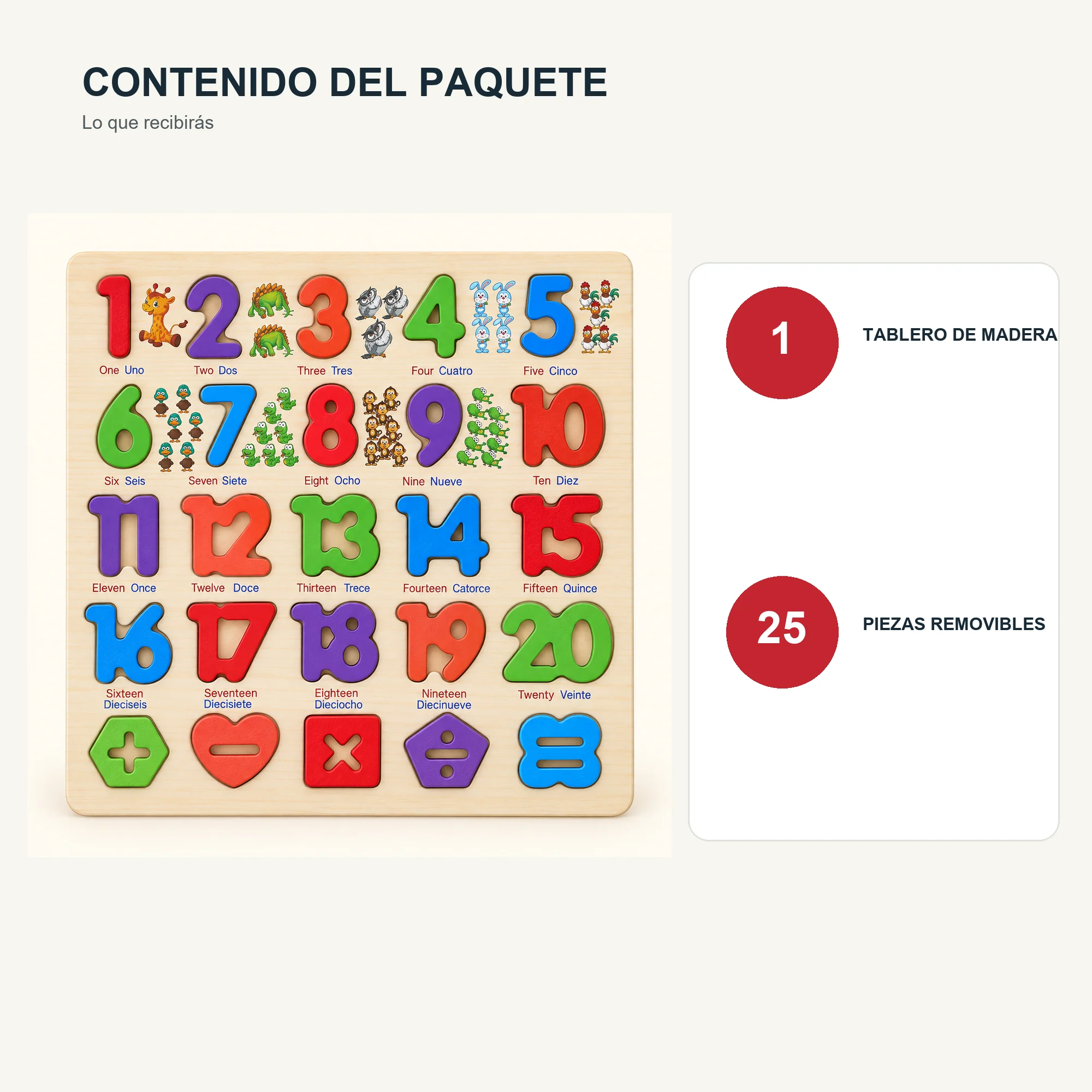 Puzzle de Madera con Números Bilingües del 1 al 20, 30 × 30 cm