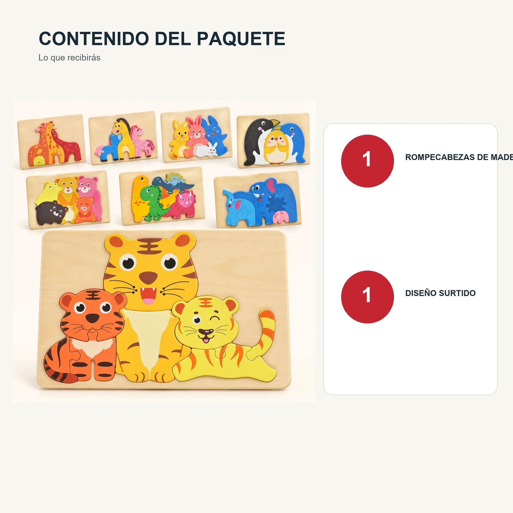 Rompecabezas de Familias de Animales, Madera 22 × 15 cm, Diseño Surtido
