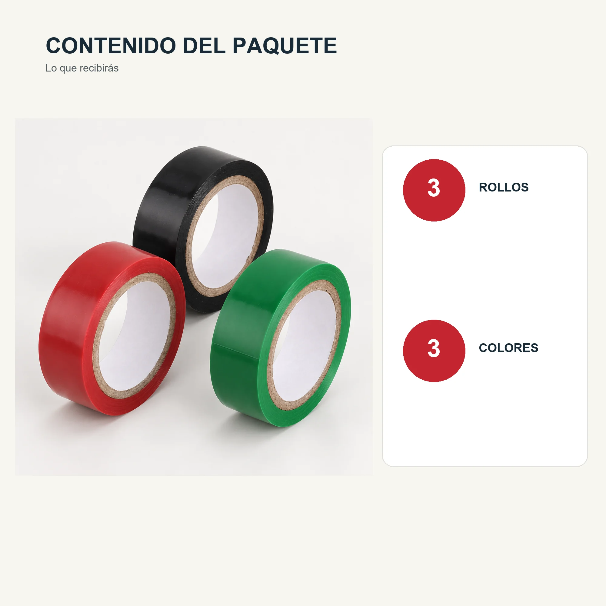 Set de 3 Cintas Aisladoras de PVC, 19 mm × Aprox. 6 m