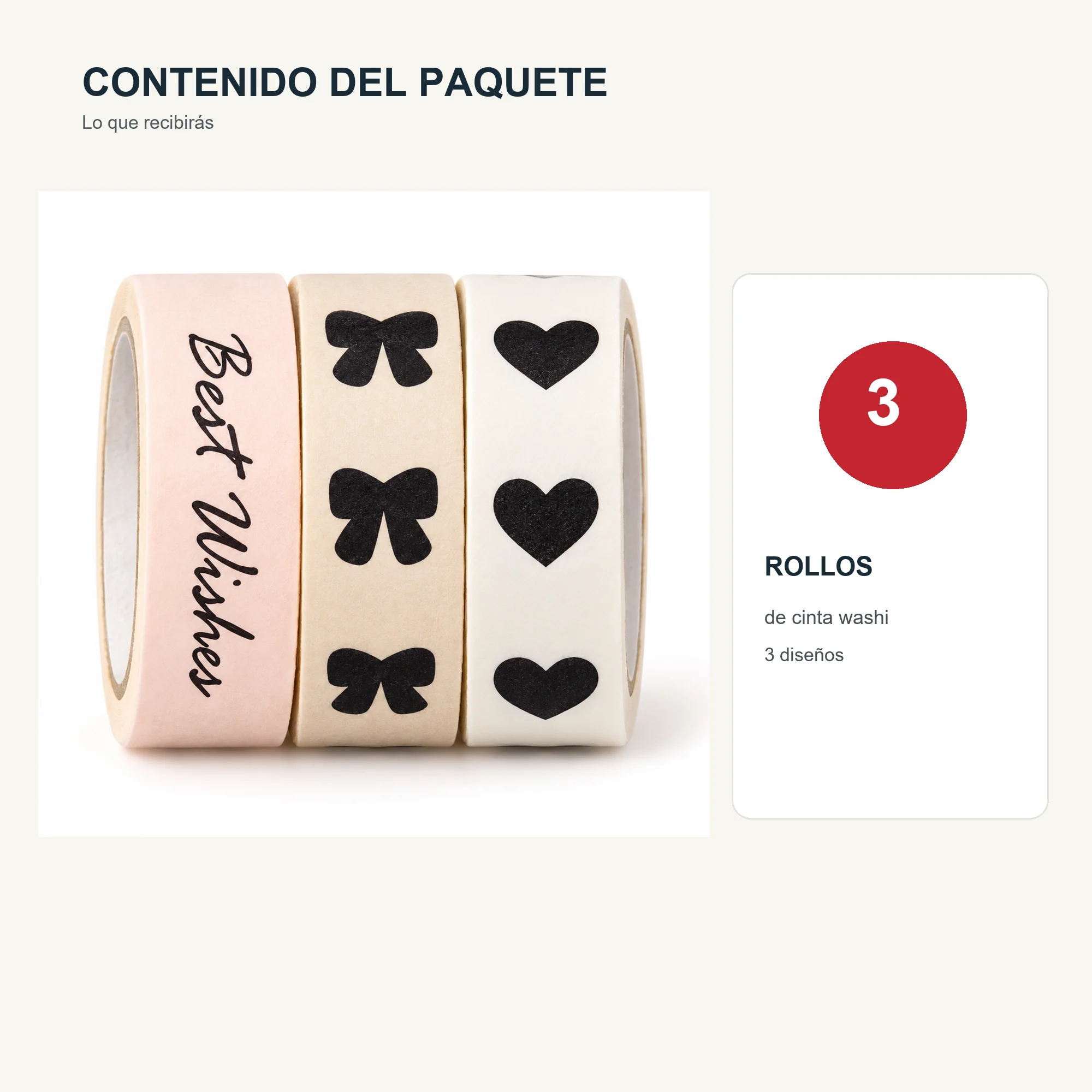 Set de 3 Cintas Washi Con Best Wishes, Corazones Y Lazos, 1,5 cm × 2 m por Rollo