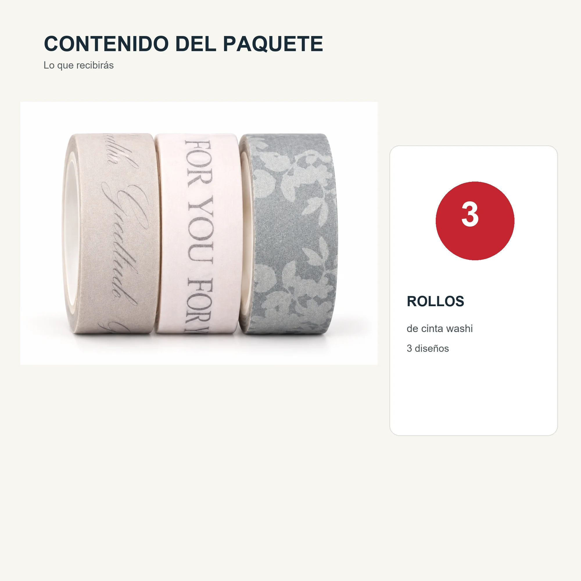 Set de 3 Cintas Washi Grises Con Mensaje For You, 1,5 cm × 2 m por Rollo