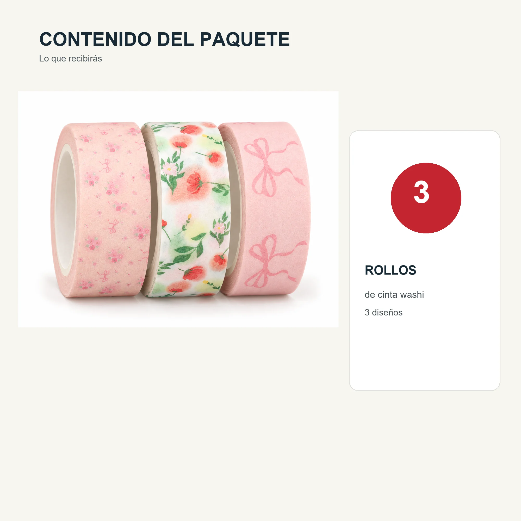 Set de 3 Cintas Washi Rosadas Florales, 1,5 cm × 2 m por Rollo