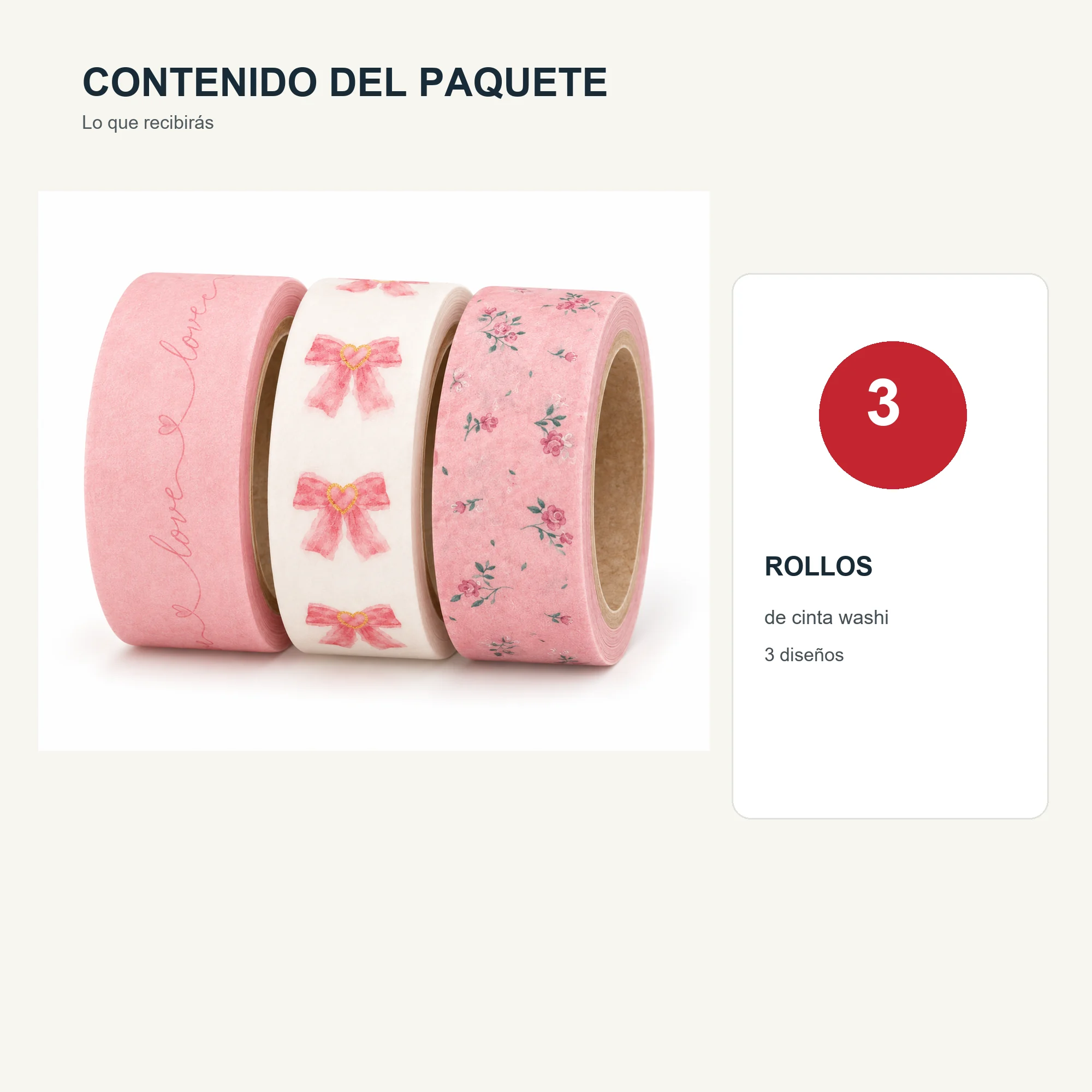 Set de 3 Cintas Washi Rosadas Con Lazos Y Flores, 1,5 cm × 2 m por Rollo