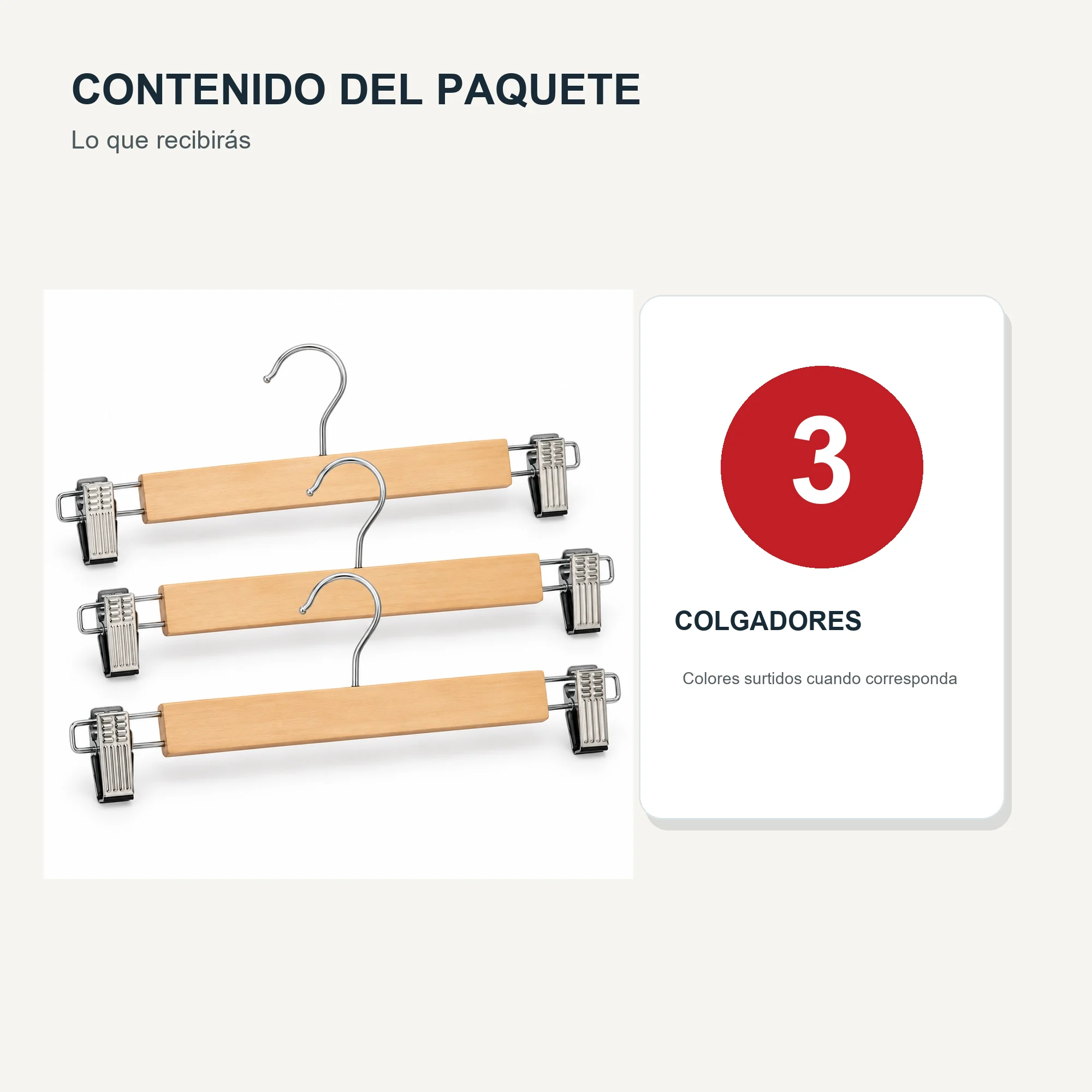 Set de 3 Colgadores con Pinzas de Madera, 33 cm