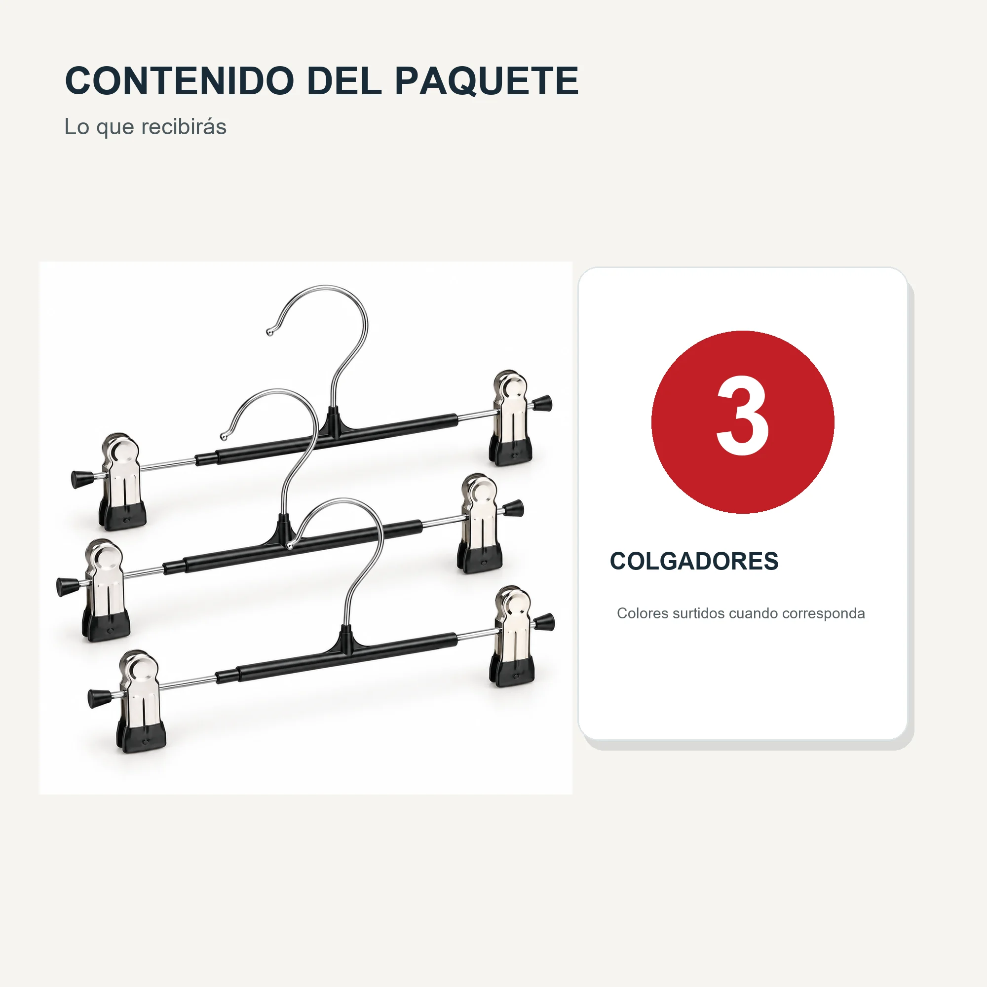 Set de 3 Colgadores con Pinzas Ajustables para Pantalón y Falda, 30 cm