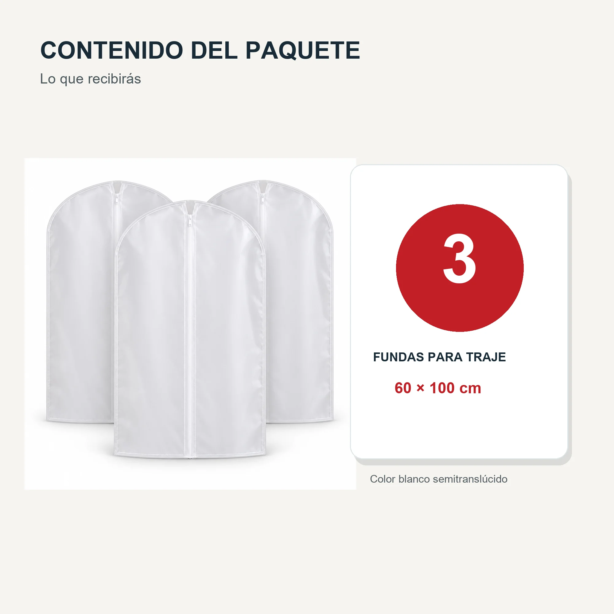 Set de 3 Fundas para Traje de PEVA con Cierre, 60 × 100 cm, 3 Fundas