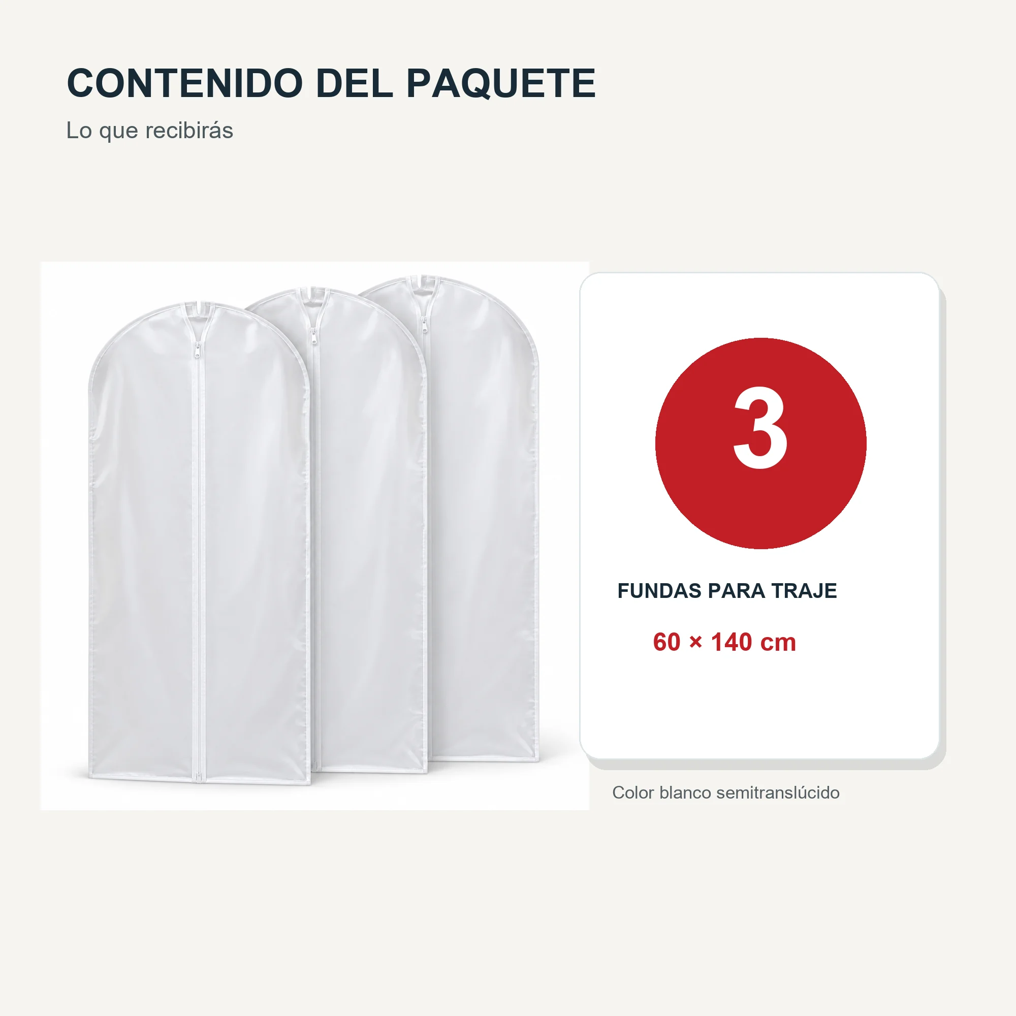 Set de 3 Fundas para Traje de PEVA con Cierre, 60 × 140 cm, 3 Fundas