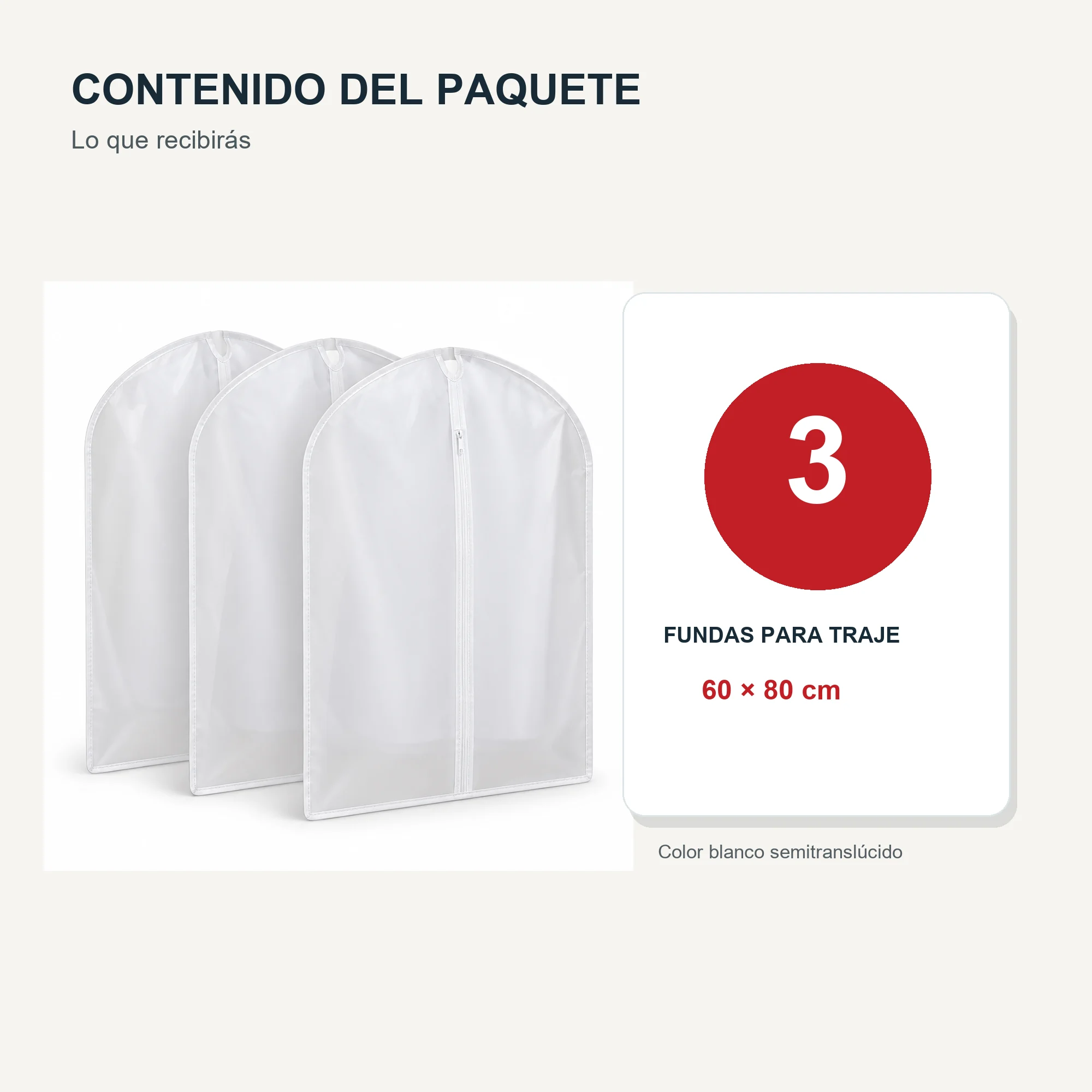 Set de 3 Fundas para Traje de PEVA con Cierre, 60 × 80 cm, 3 Fundas