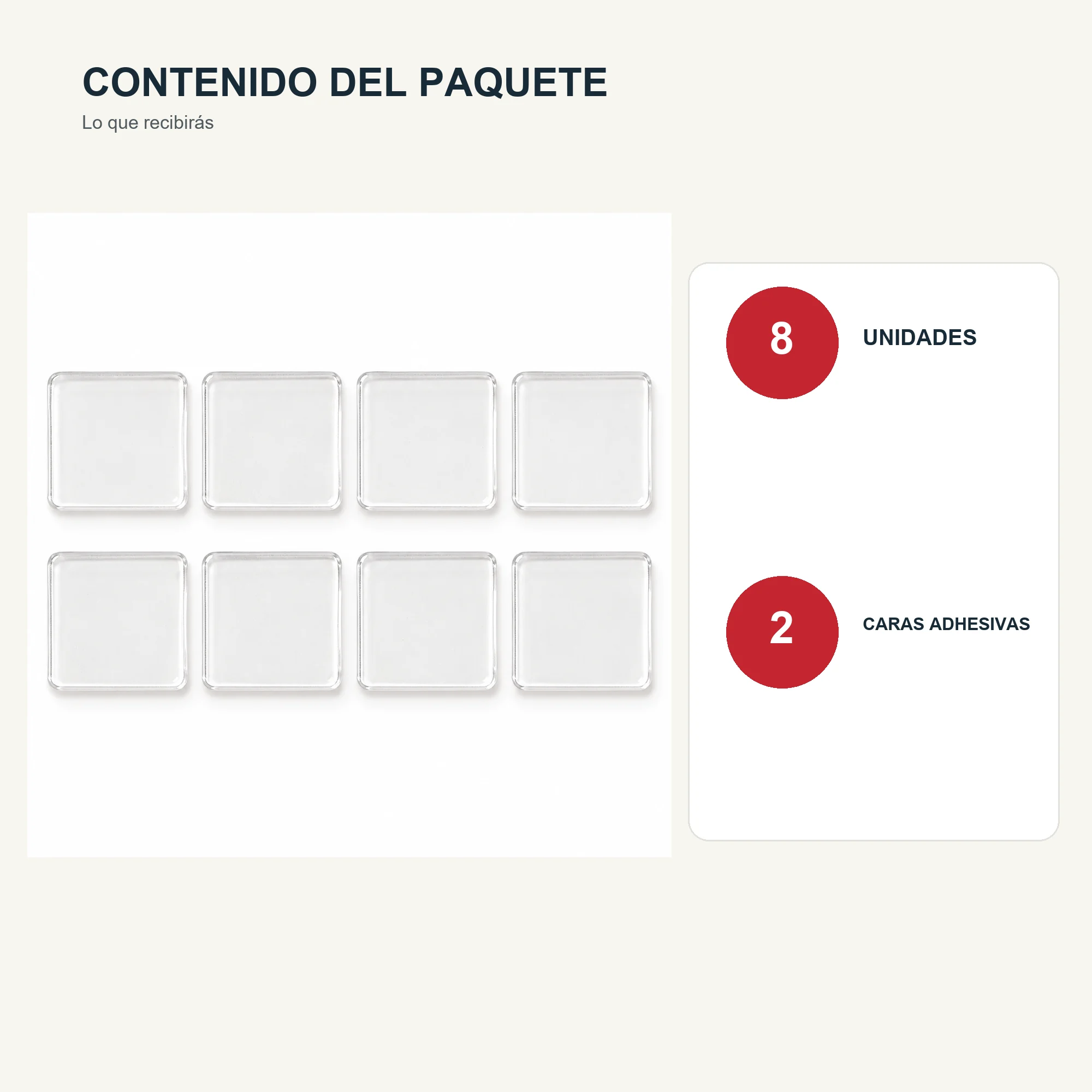 Set de 8 Almohadillas Adhesivas Acrílicas Transparentes Cuadradas, 30 × 30 mm