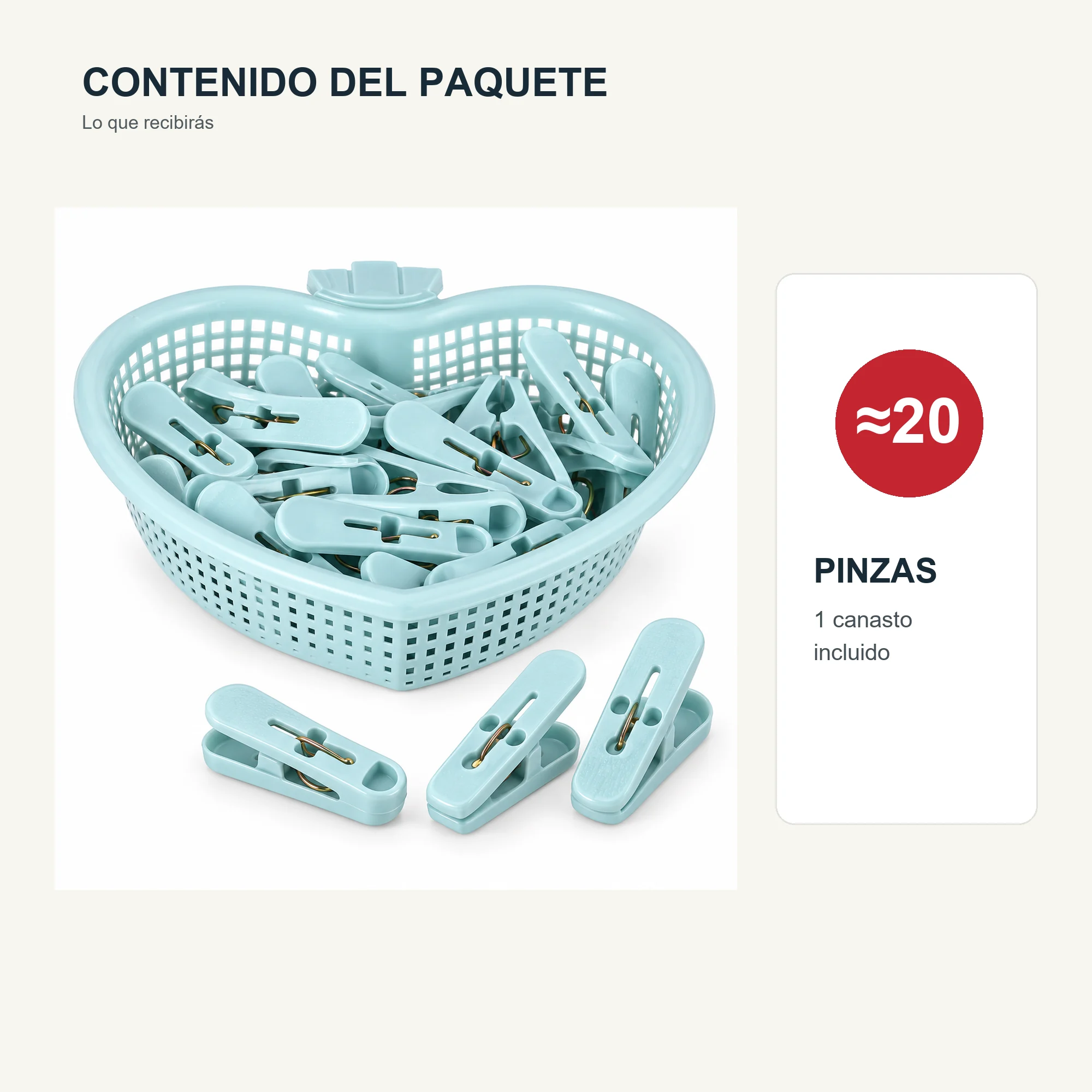 Set de Pinzas para Ropa con Canasto Corazón, 17 × 4 cm