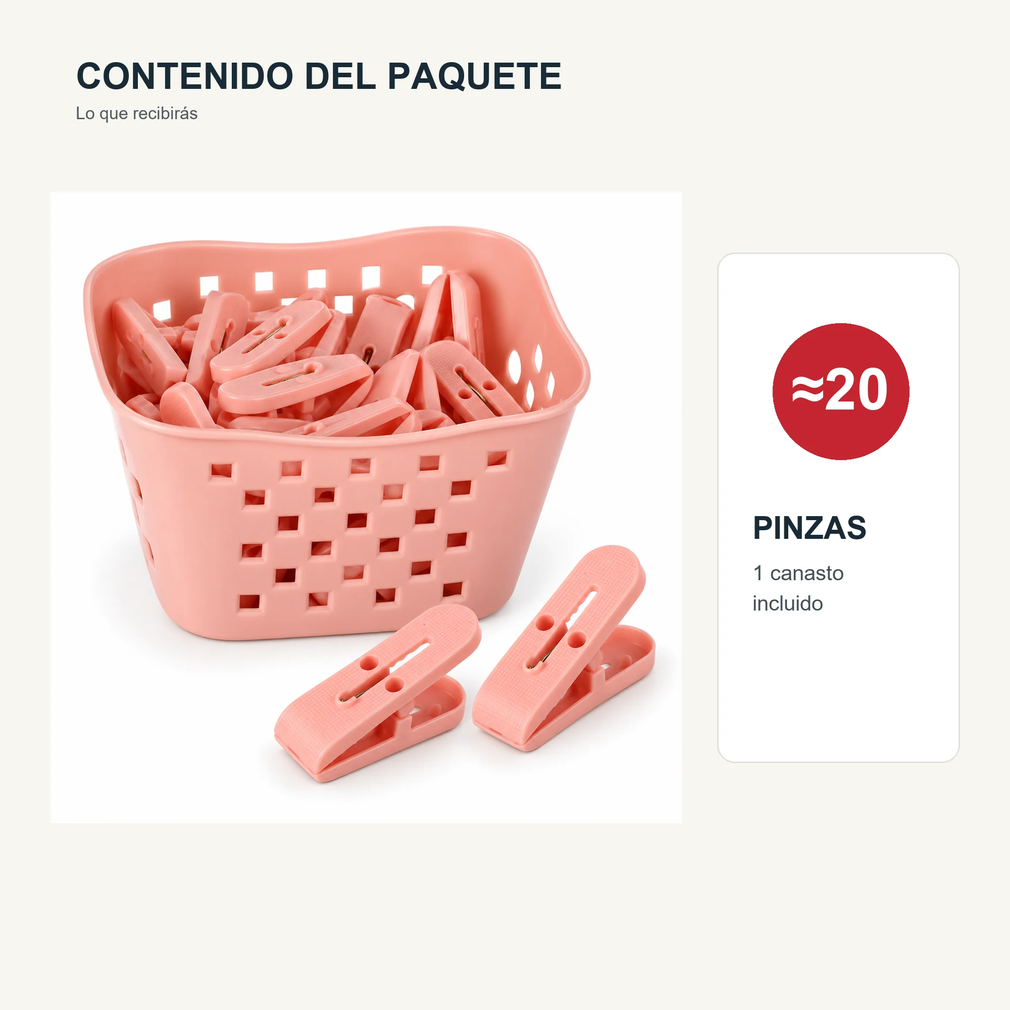 Set de Pinzas para Ropa con Canasto Cuadrado, 13,3 × 12 × 8,5 cm