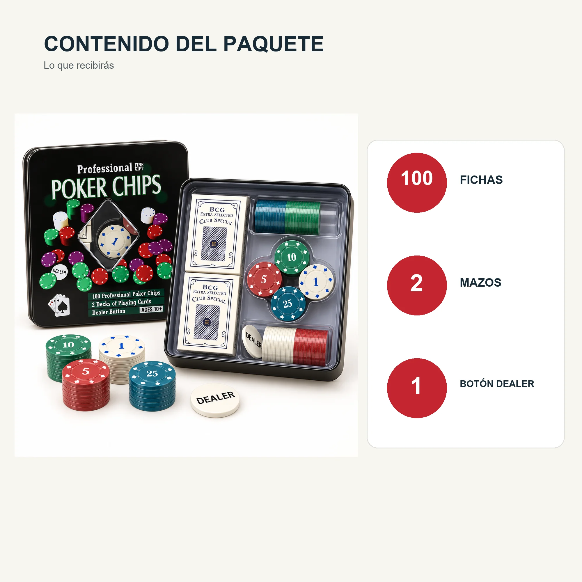 Set de Póker con 100 Fichas, 2 Mazos y Botón Dealer
