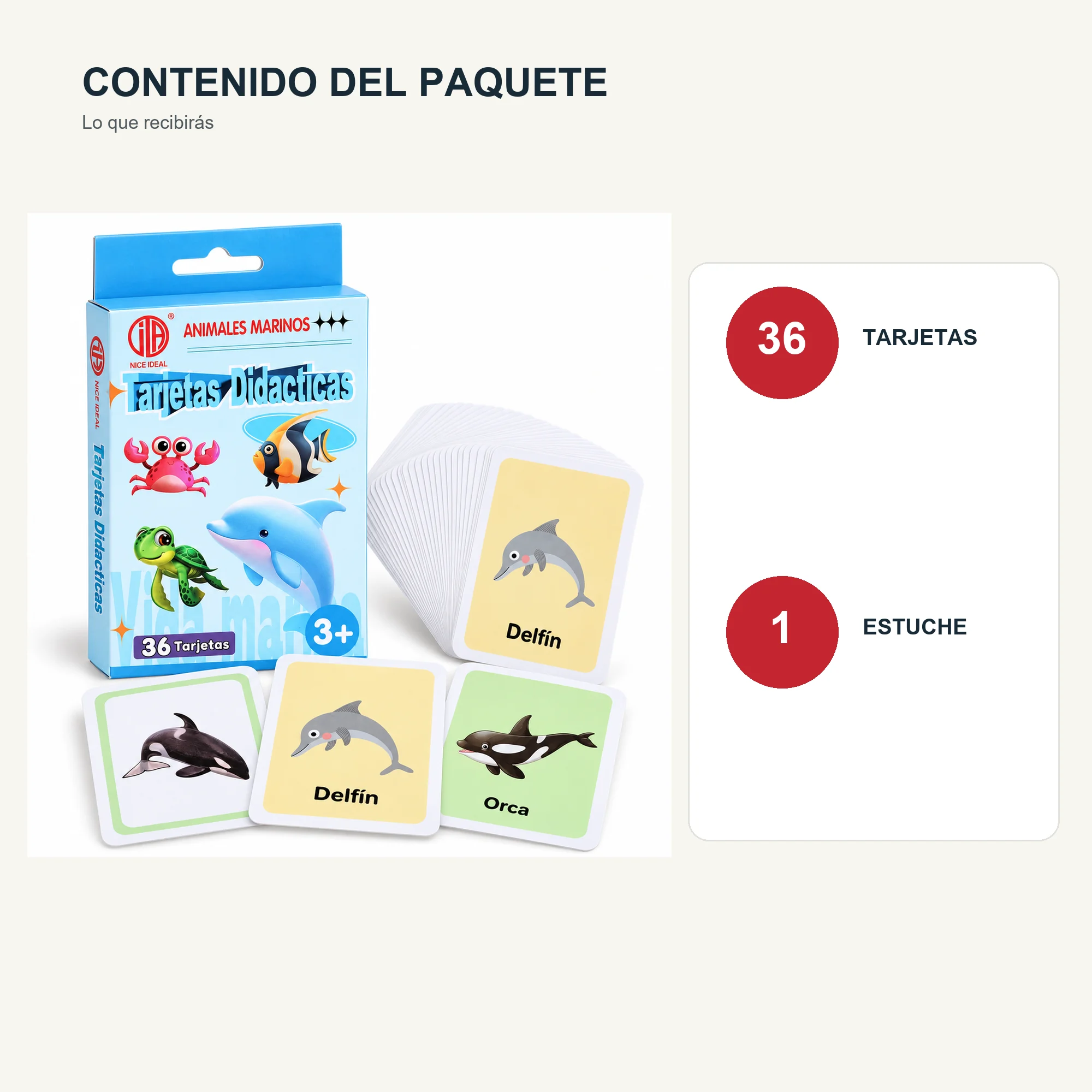 Tarjetas Didácticas de Animales Marinos, 36 Unidades, 7,8 × 11,7 cm