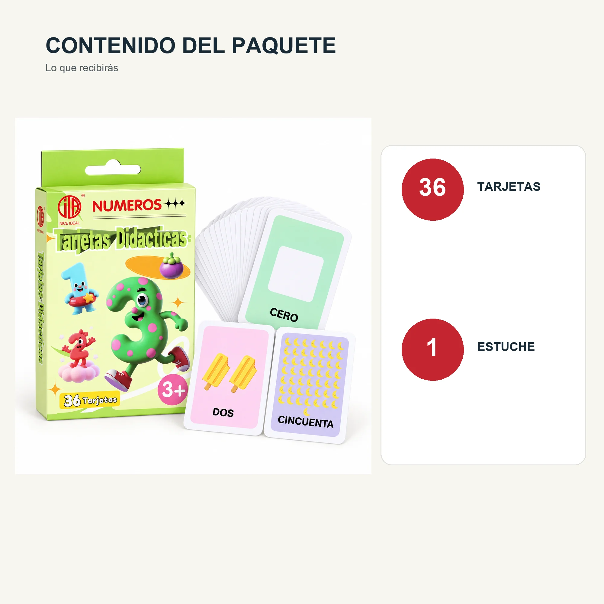 Tarjetas Didácticas de Números en Español, 36 Unidades, 7,8 × 11,7 cm