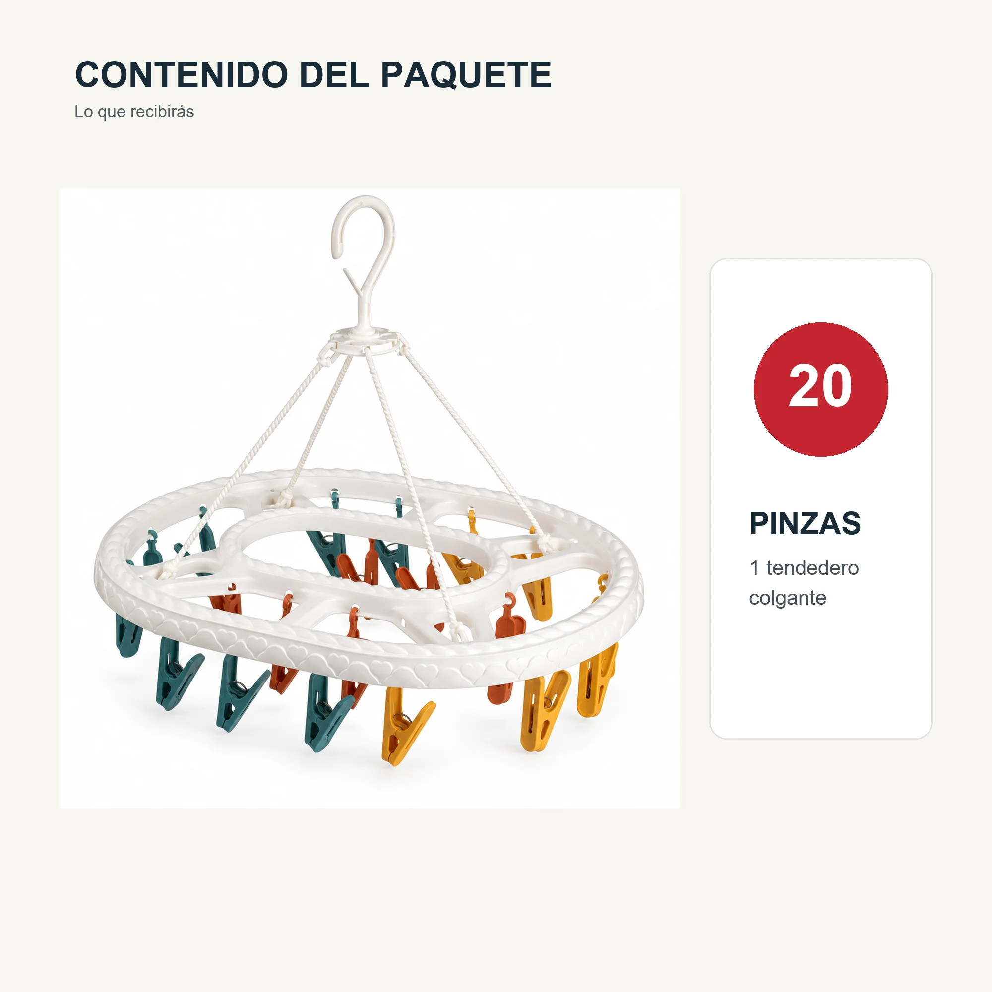 Tendedero Colgante Oval Rectangular con 20 Pinzas, 41,5 × 31 cm