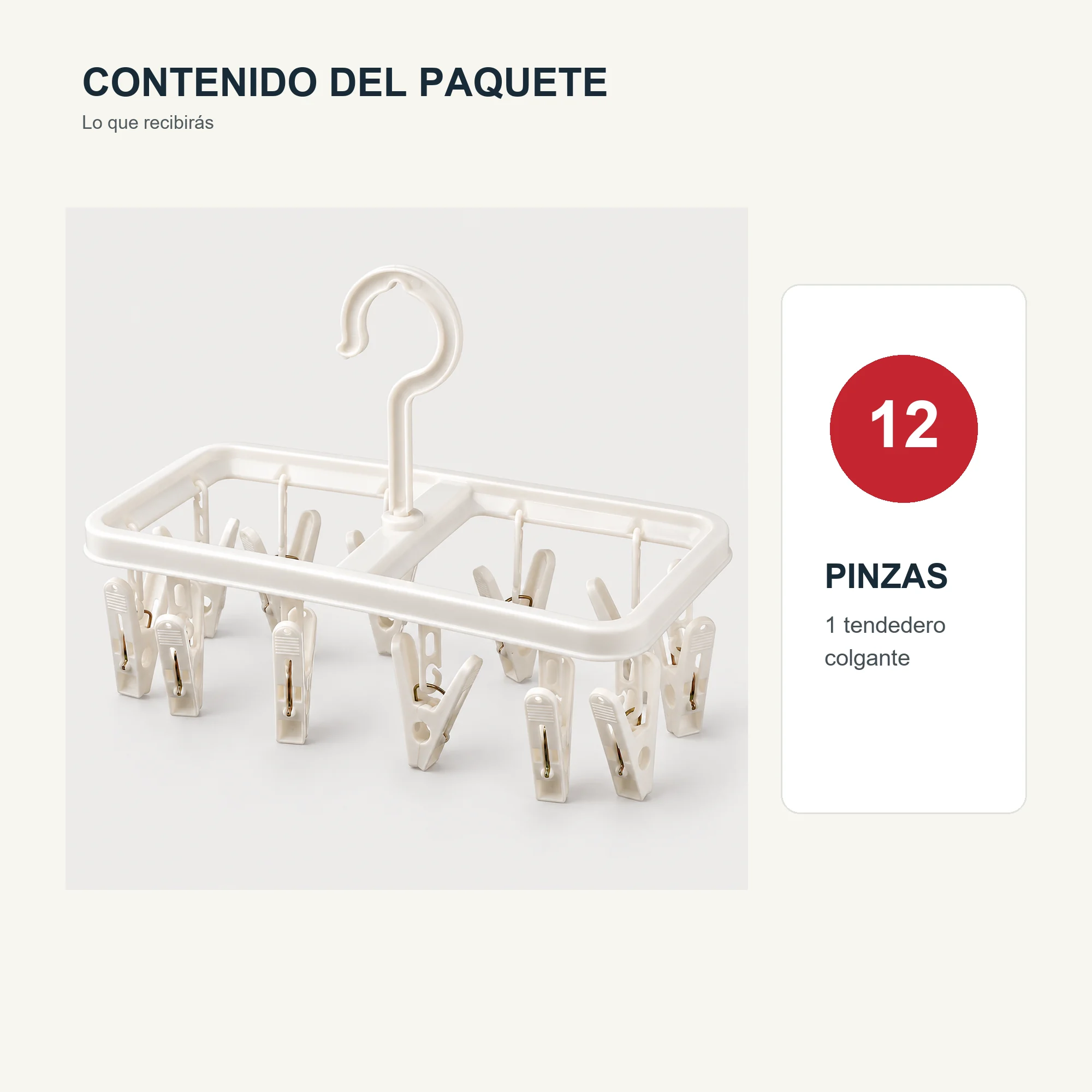 Tendedero Colgante Rectangular Compacto con 12 Pinzas, 26 × 11 cm